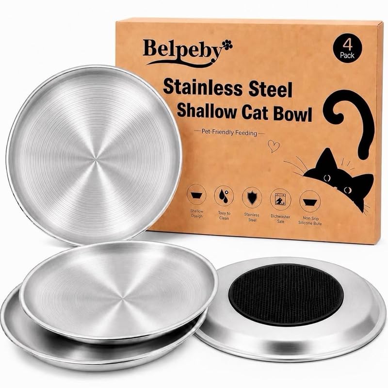 Potes rasos de aço inoxidável para gatos BelPeby com base de silicone antiderrapante, 4 unidades