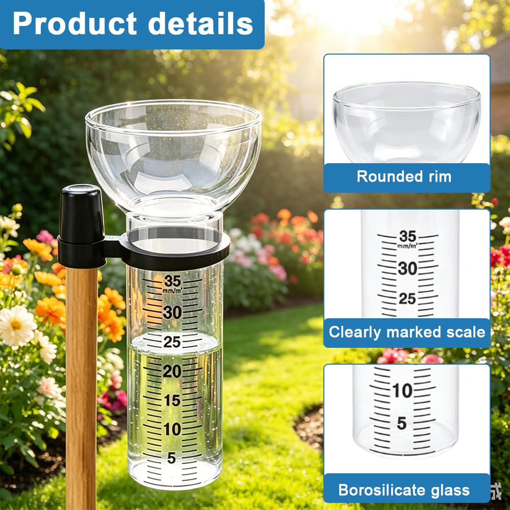 2 Piezas Pluviómetro De Cristal, Pluviómetro A Prueba De Helada de 35 mm, Vidrio de Repuesto para Pluviómetros con Soporte, Pluviómetros en Forma de Embudo para Medición De Agua De Lluvia
