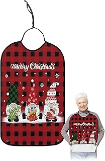 BOBOWUNY Christmas Gnomes Adult Bibs for Elder Women Men Eating, Red Black Plaid Winter Snowflake Waterproof & Washable Bibs for Eating Clothing Protector Dining Bibs for Crumb Catcher