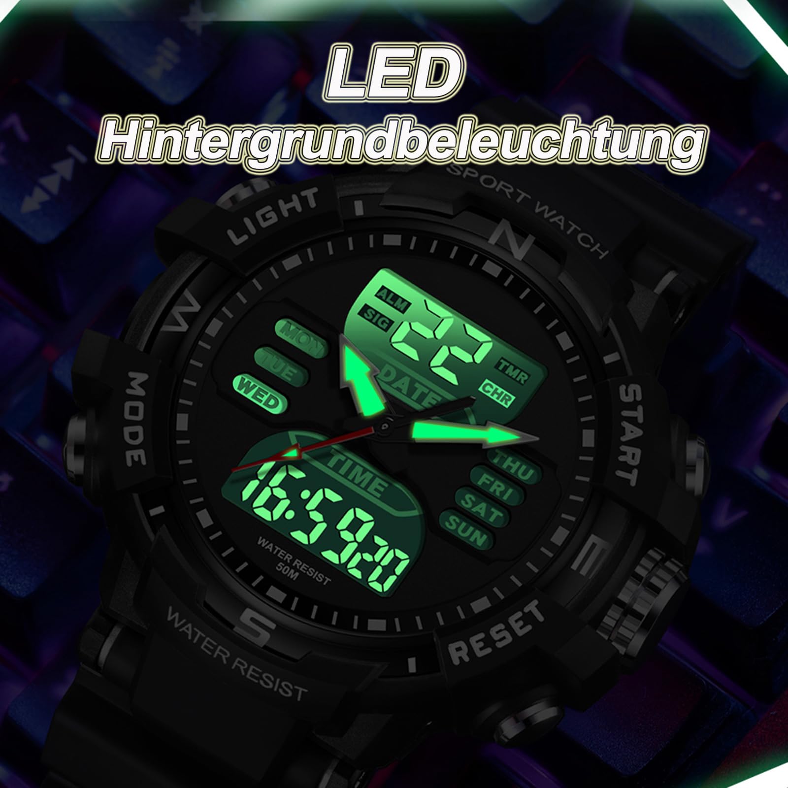 findtime Orologio militare da uomo, orologio digitale, 5 ATM, impermeabile, grandi orologi, da uomo, sportivo, sveglia, cronometro a LED, digitale, militare, per uomini, uomini, ragazzi, coutdown