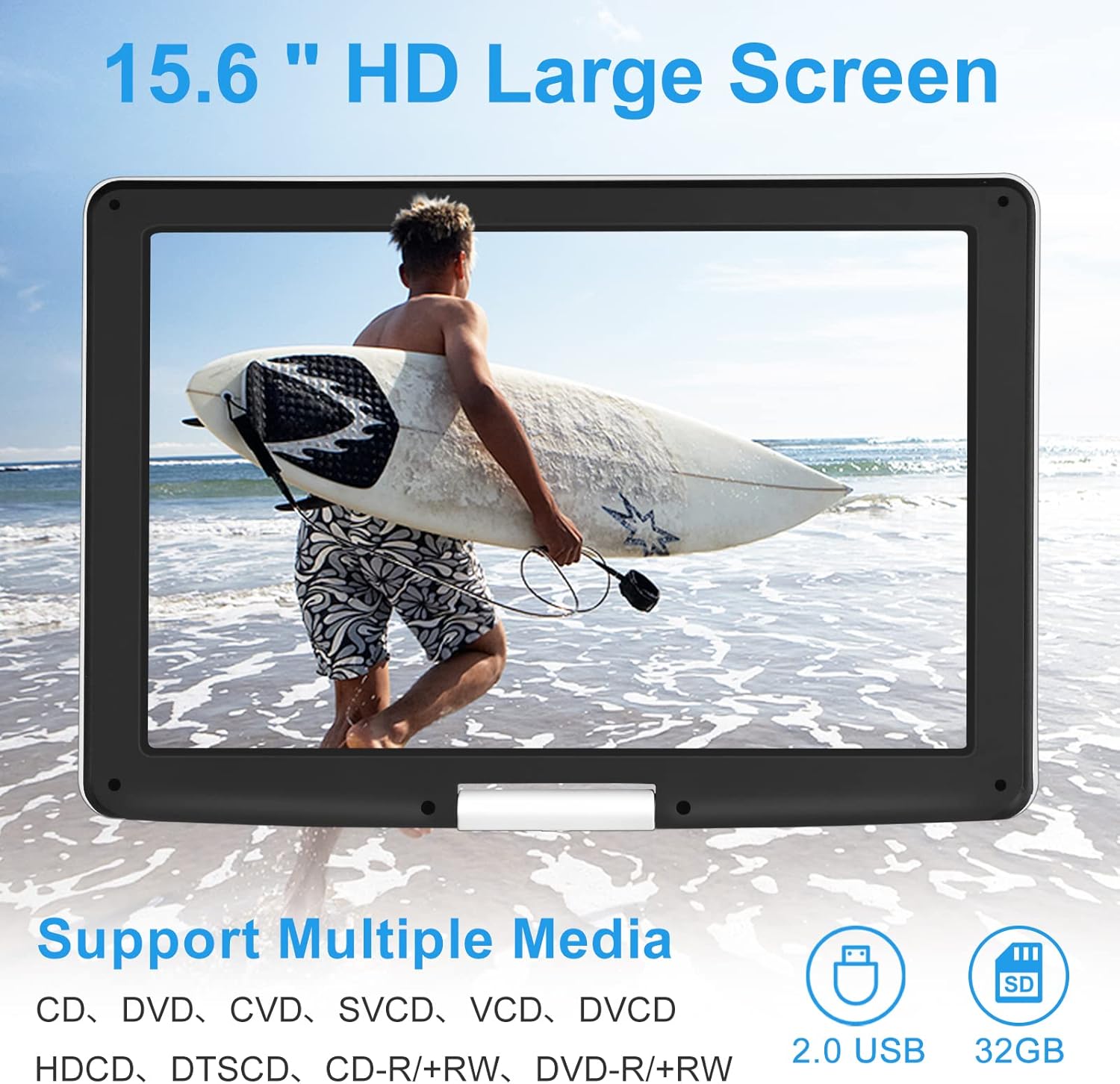 Image showing the portable DVD player screen displaying a surfer, with text indicating '15.6 HD Large Screen' and 'Support Multiple Media' including CD, DVD, USB, and SD card.