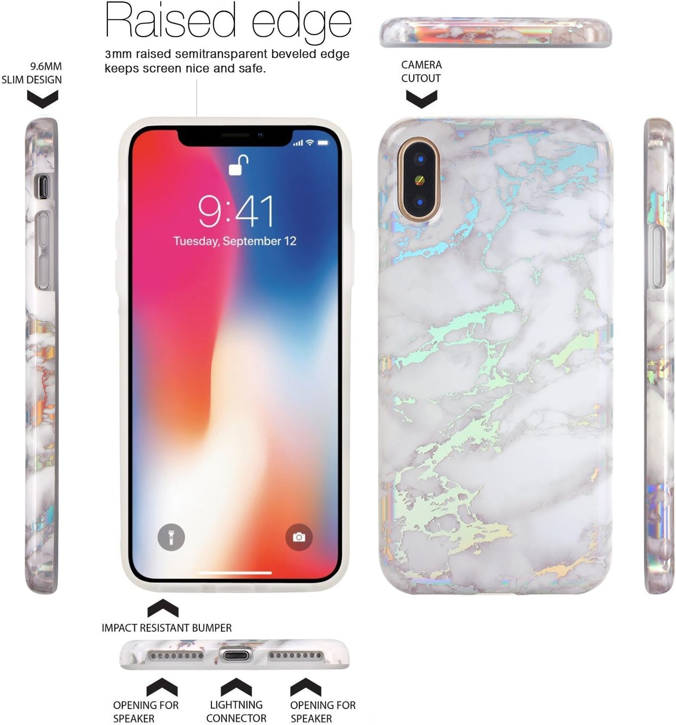 JAHOLAN iPhone X Case iPhone Xs Case Sparkly Change Color Grey Marble Design Clear Bumper Glossy TPU Soft Rubber Silicone Cover Phone Case for iPhone X iPhone Xs