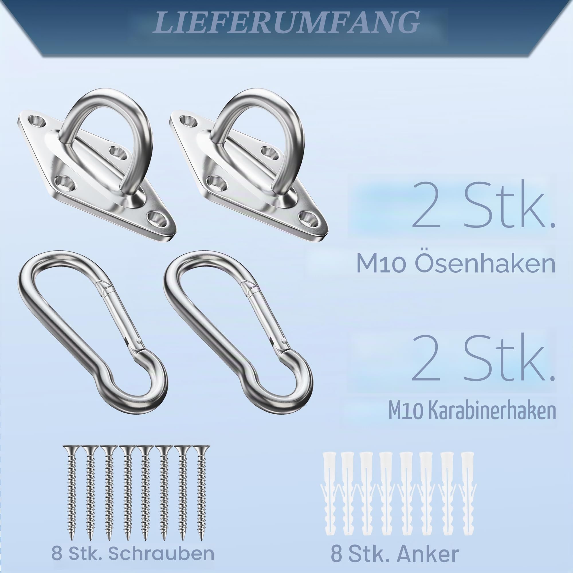 OHIYO 2 Stück Edelstahl Augplatte und Karabiner, Edelstahl Decksplatte Karabinerhaken, strapazierfähige Hängematte zum Aufhängen, 300kg Tragkraft für Schaukeln, Sonnensegel