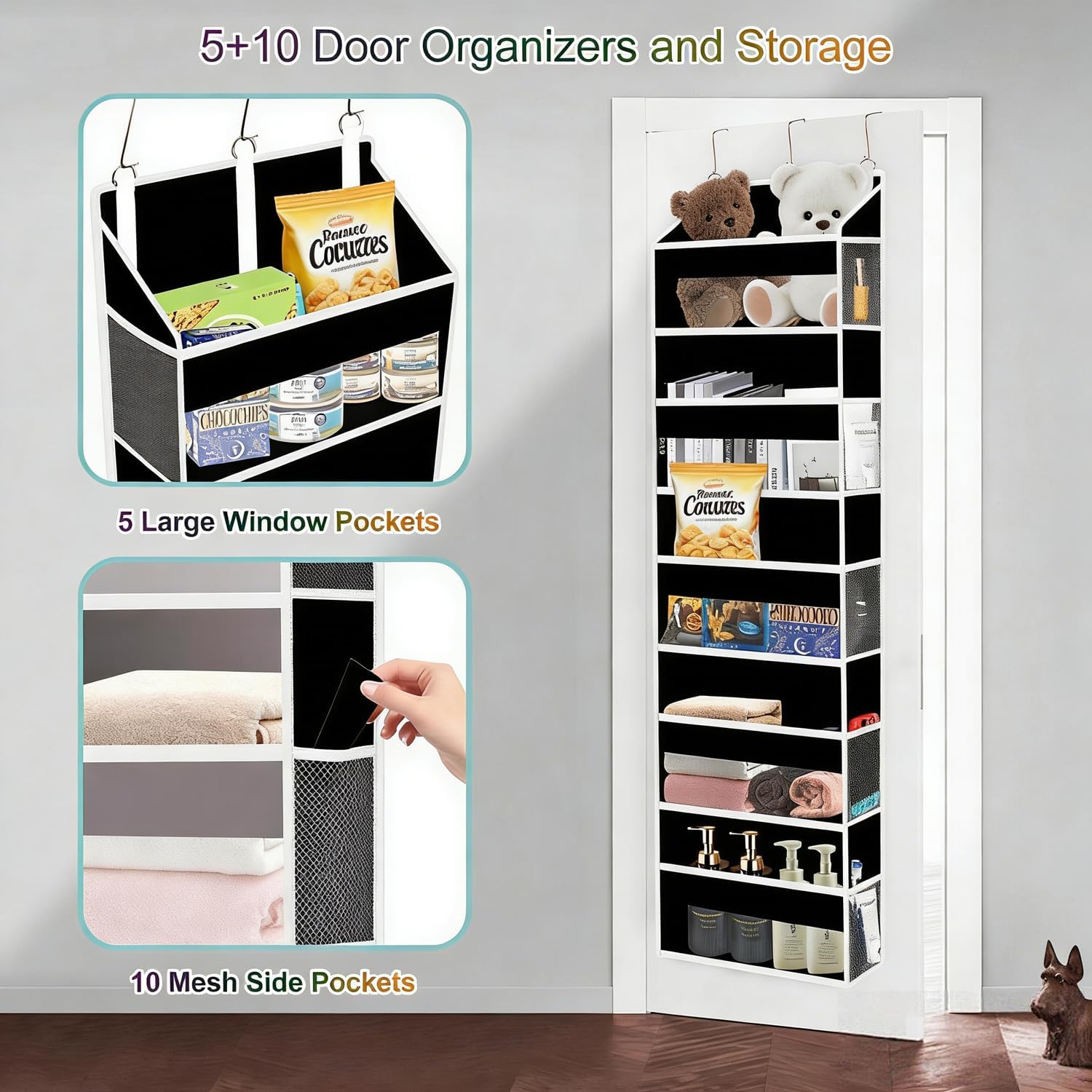 Over The Door Organizer Closet,5 Bins 10 Side Pockets,Hanging Organizer,Anti Tilt 44 lbs Load Door Organizers and Storage with Clear Window for Bedroom,Nursery,Rv,Bathroom,Camper(Pure Black)