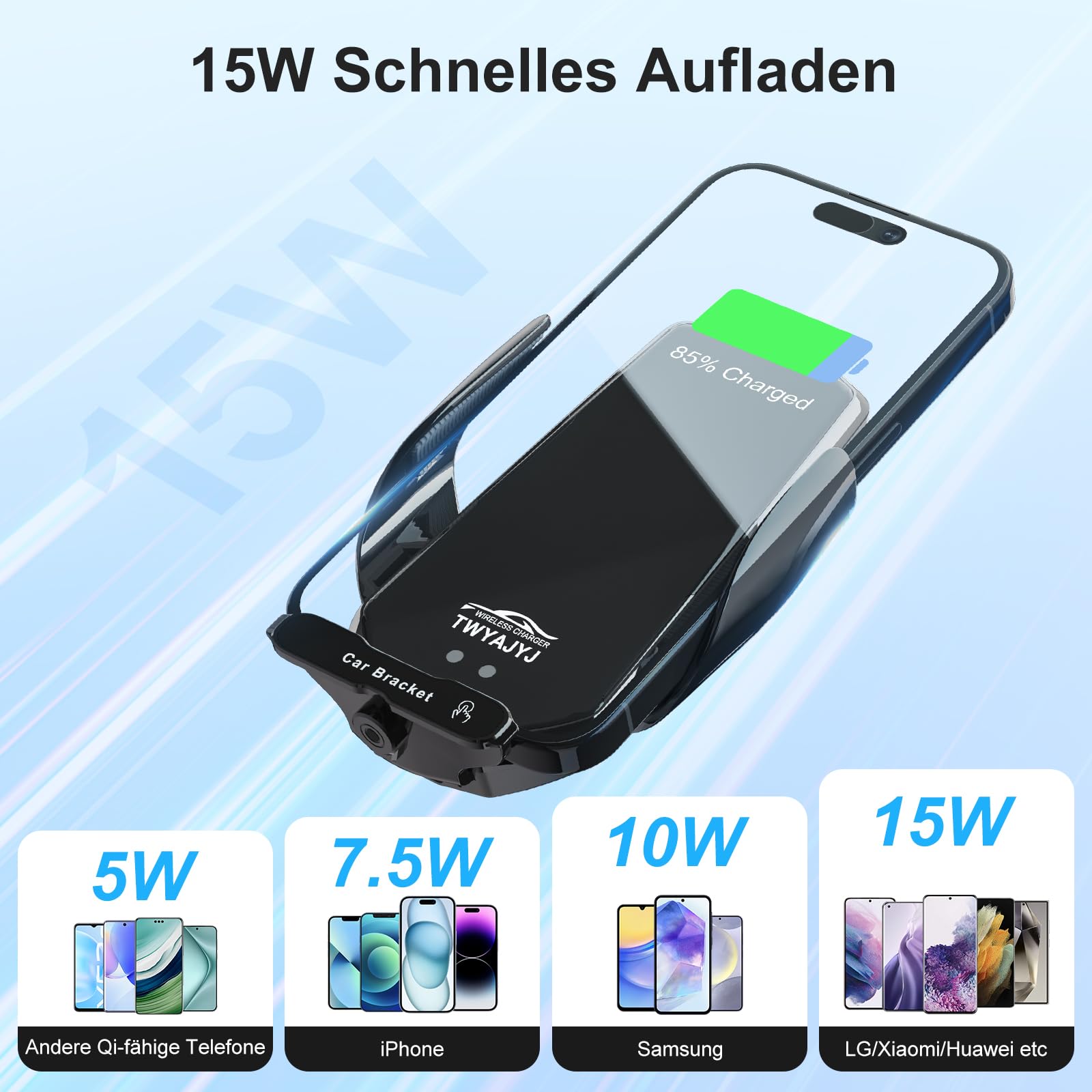 Handyhalterung Auto mit Ladefunktion, 15W Qi Induktive Ladegerät Auto Automatische Klemmung, Autohalterung Induktives Laden Schnellladung für iPhone Samsung LG Xiaomi OnePlus