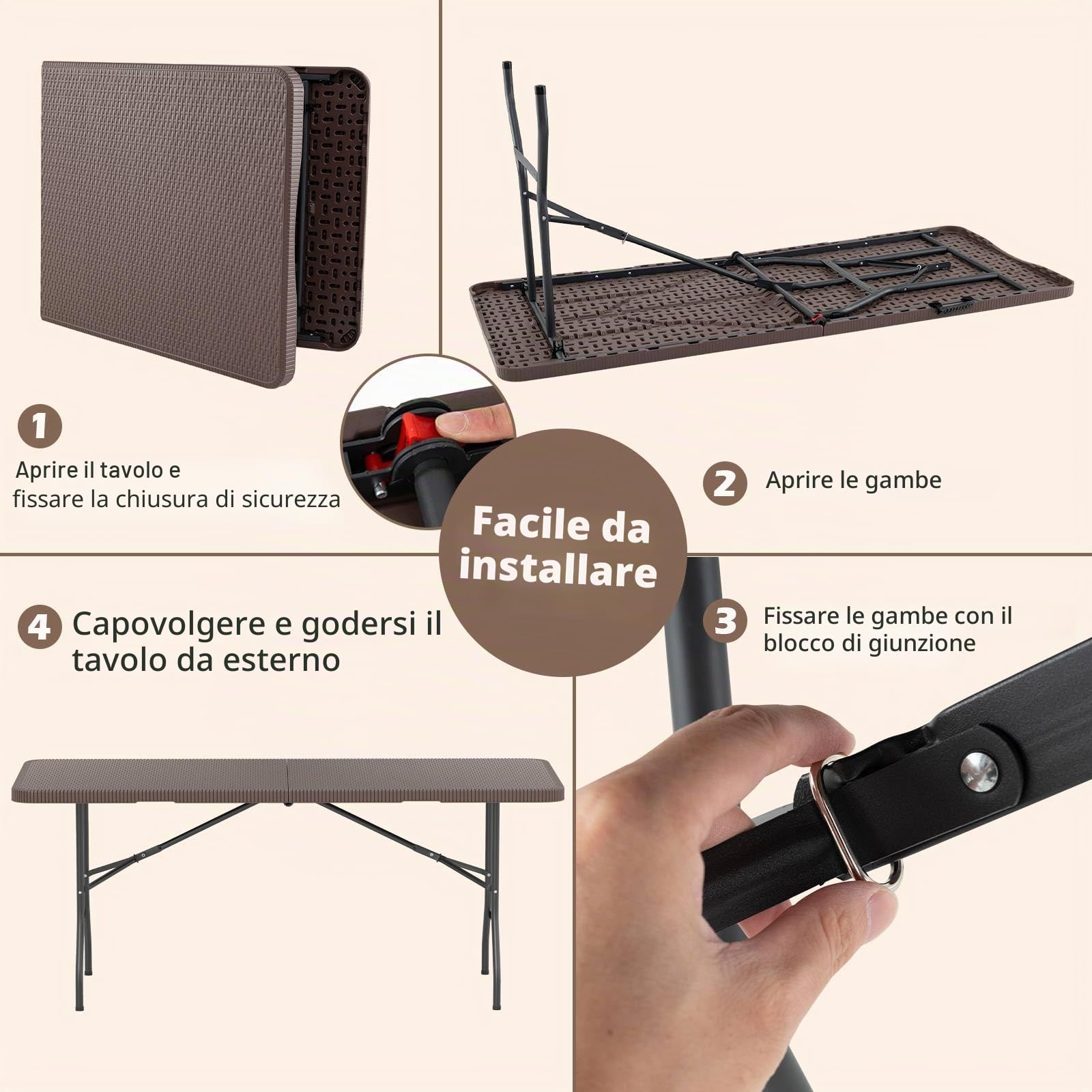 GIANTEX Tavolo da pranzo pieghevole in plastica, effetto rattan e gambe in metallo, 180 x 74 x 75 cm, tavolo portatile per campeggio, picnic, barbecue, giardino