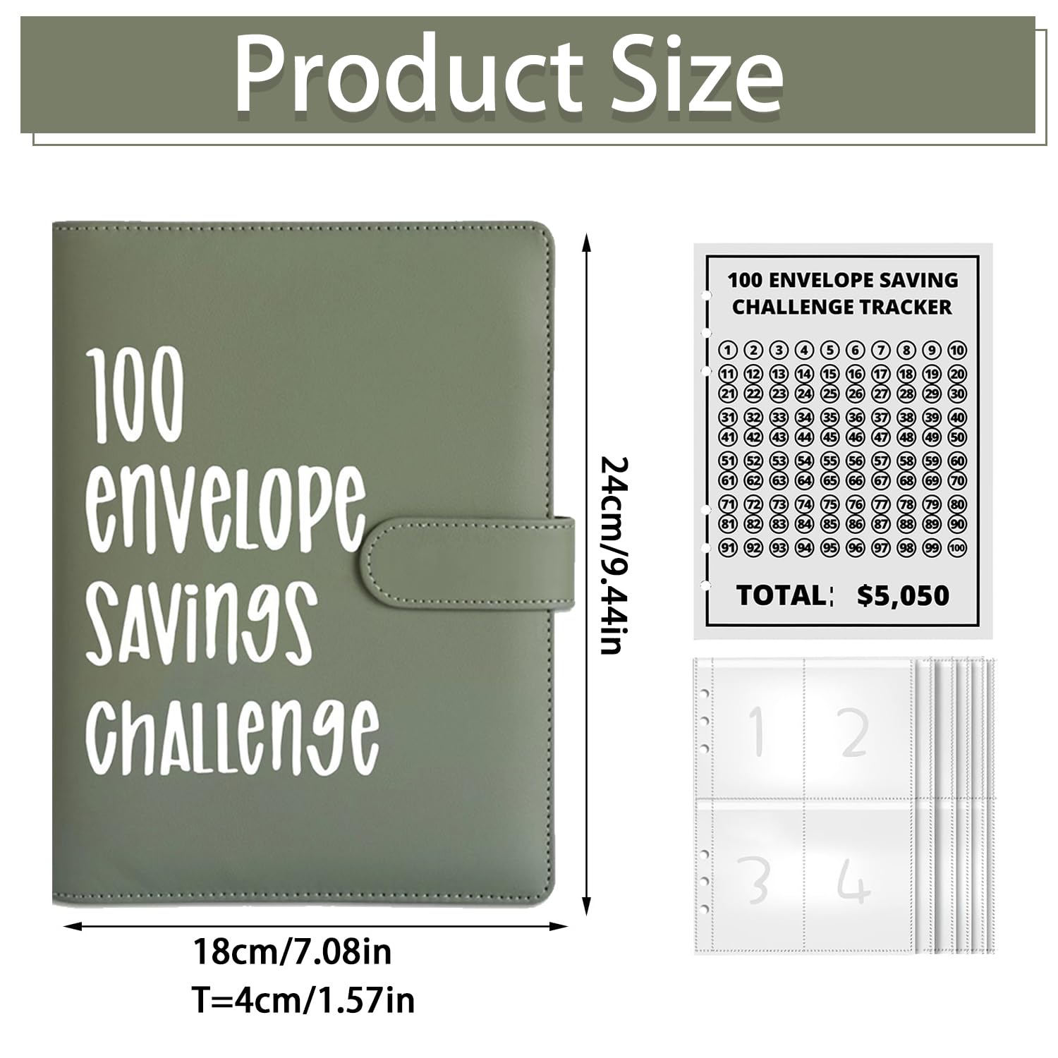100 szt. opasek na wyzwania, segregator na wyzwania, Savings Challenges Binder, koperty Binder, organizer na książki z kopertami na gotówkę na 100 dni, dla par, biur, domu (kolor zielony)