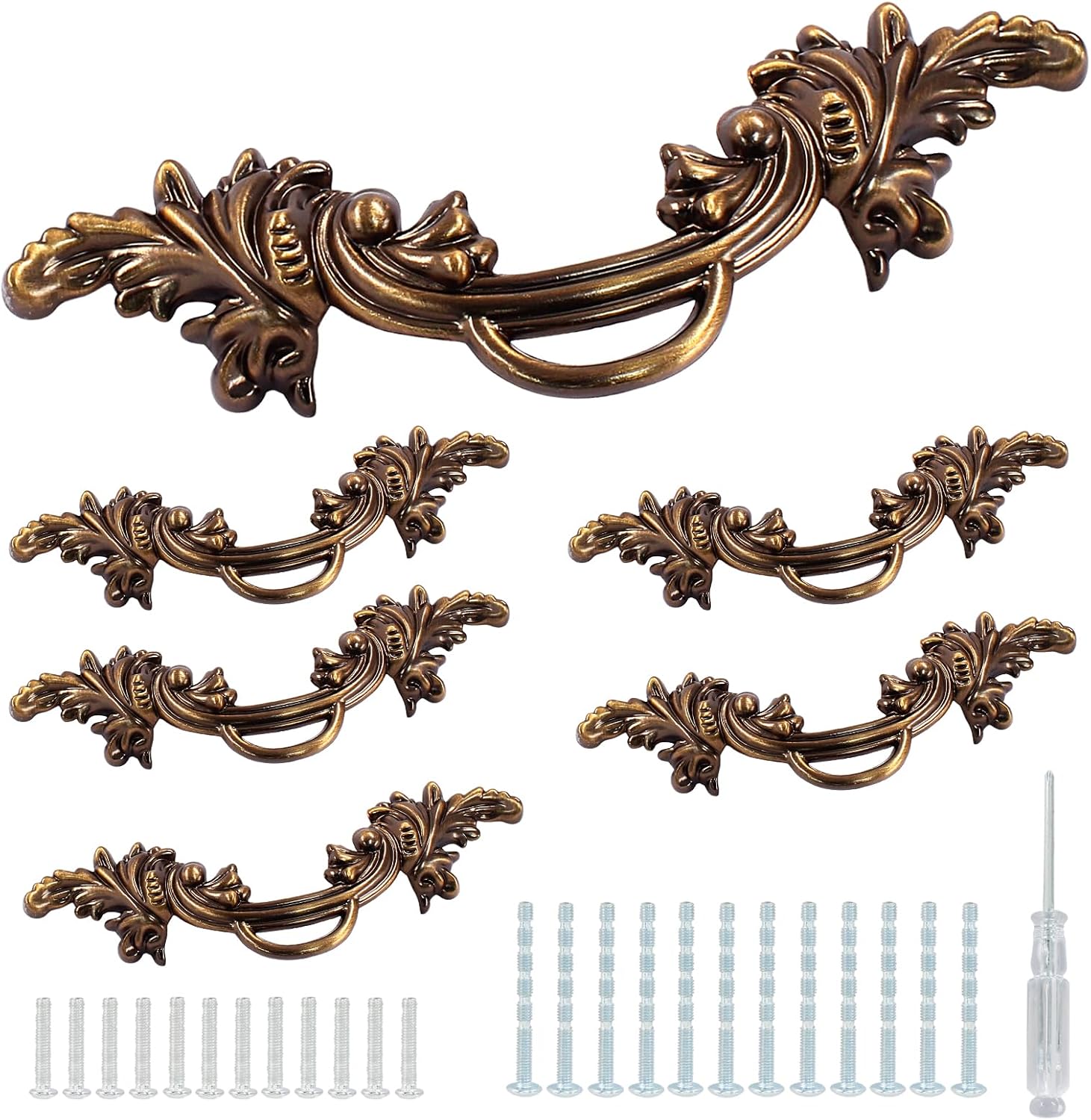 Biaungdo 6 Pcs Vintage Cabinet Pulls Handles, Shabby Chic Drawer Handles European Style Dresser Pulls Vintage Antique Furniture Handles for Dresser Drawer(2-1/2 Inch Hole Center, Bronze)