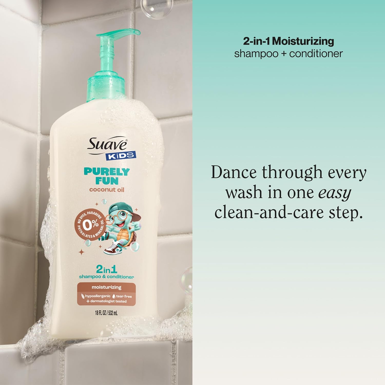 Suave Kids Purely Fun 2 in 1 Shampoo and Conditioner with Coconut Oil, Tear-Free, Hypoallergenic, Gentle Hair Care for Kids with Sensitive Scalps, 6 Count, 18 FL OZ