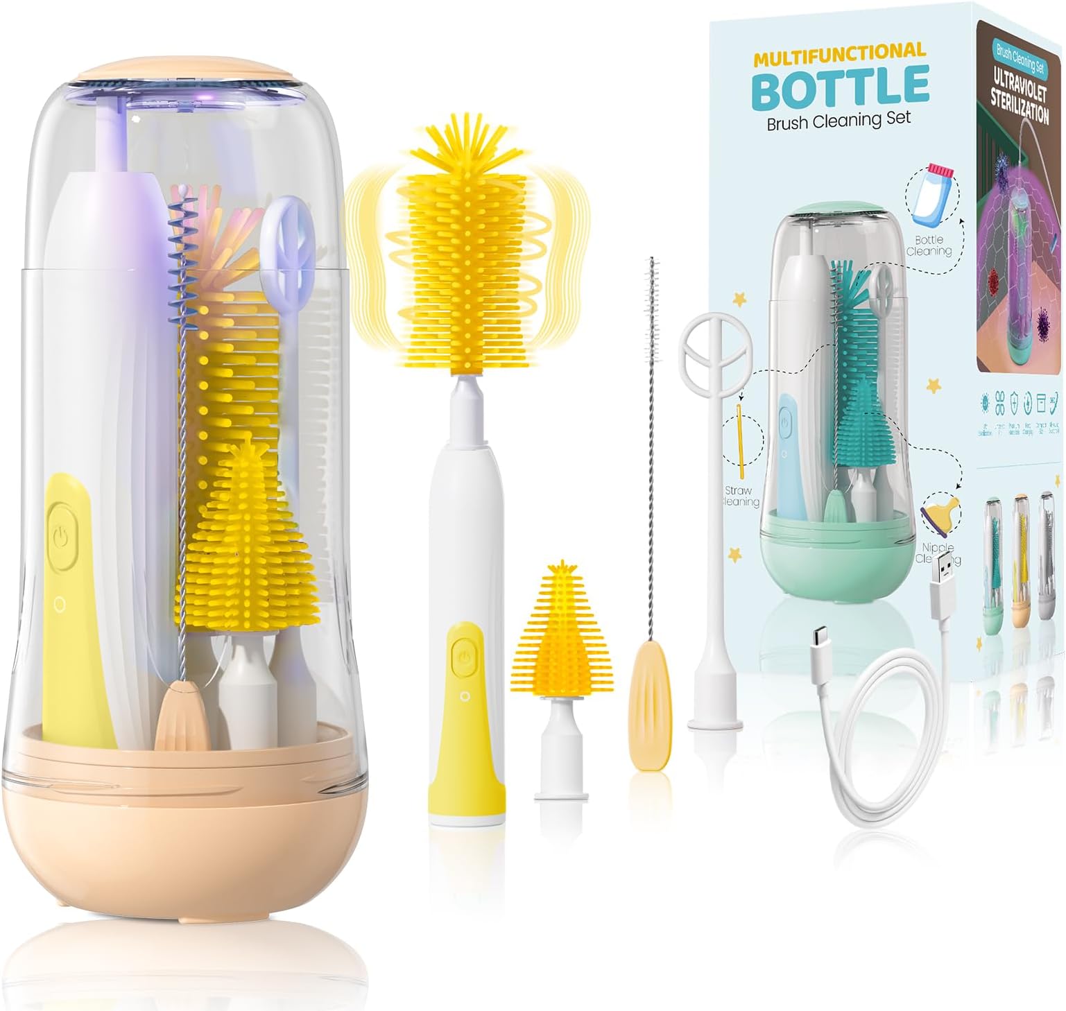 IvyWind Electric Travel Baby Bottle Brush Set with Storage Box, Automatic Bottle Cleaner Brush Kit with Silicone Bottle/Nipple/Straw Brush,Milk Frother Electric and Drainage Rack, Rechargeable, Yellow