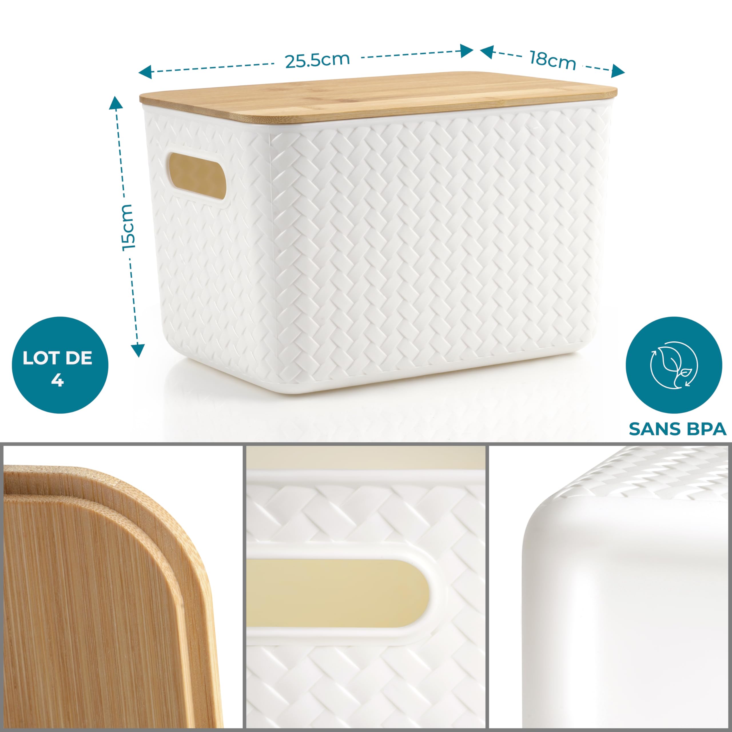 Winter Shore Large Storage Basket with Bamboo Lid (Set of 4) | Strong Stackable Plastic Storage Boxes for Bathroom, Kitchen, Toys & Office