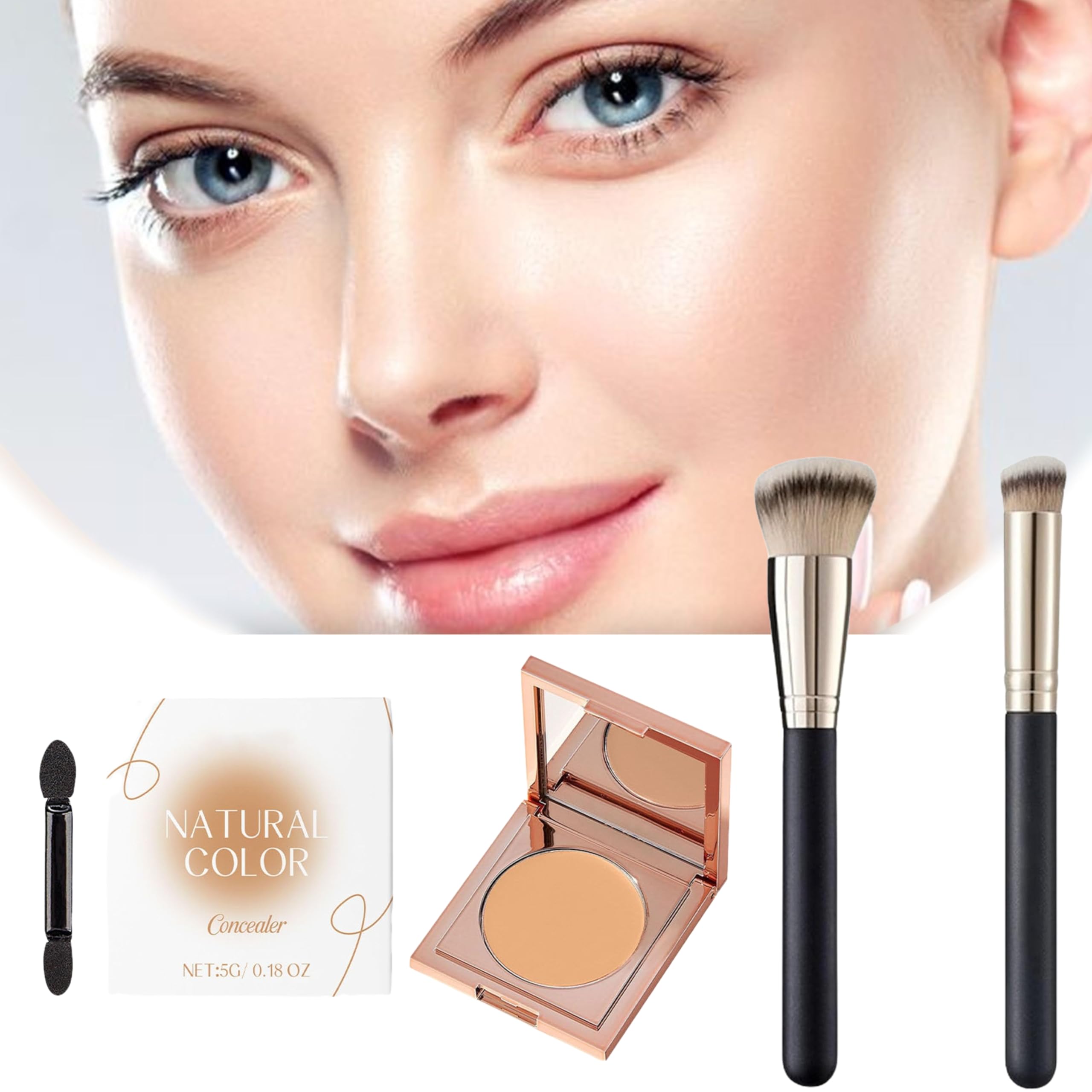 2025 New Concealer and 2 Makeup Brush, Concealer Brush and Foundation Brush, Eye Hydrating Concealer, Color Corrector for Dark Circles, Covers Skin Blemishes, Novice Makeup Brush (natural, 1)