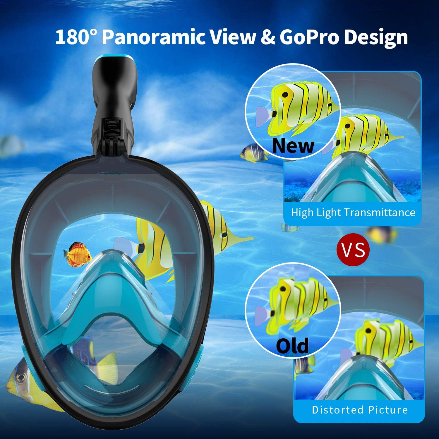 Aegend Full Face Snorkel, 180°Panoramic Larger View Snorkel Set Anti-Leak, Detachable Camera Mount, Fit for Adult Youth Kids