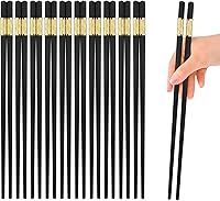 YTLX 10 Pairs Non-Slip Fiberglass Chopsticks - Reusable Dishwasher Safe Square Lightweight Black Gold Gift Set