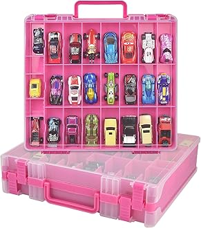 Car Storage Organizer Case Compatible with Hot Wheels/for Matchbox Cars. Display Carrying Container Holder for LOL Surprise Dolls/for Shopkins with 48 Compartments Double Sided -Pink (Box Only)