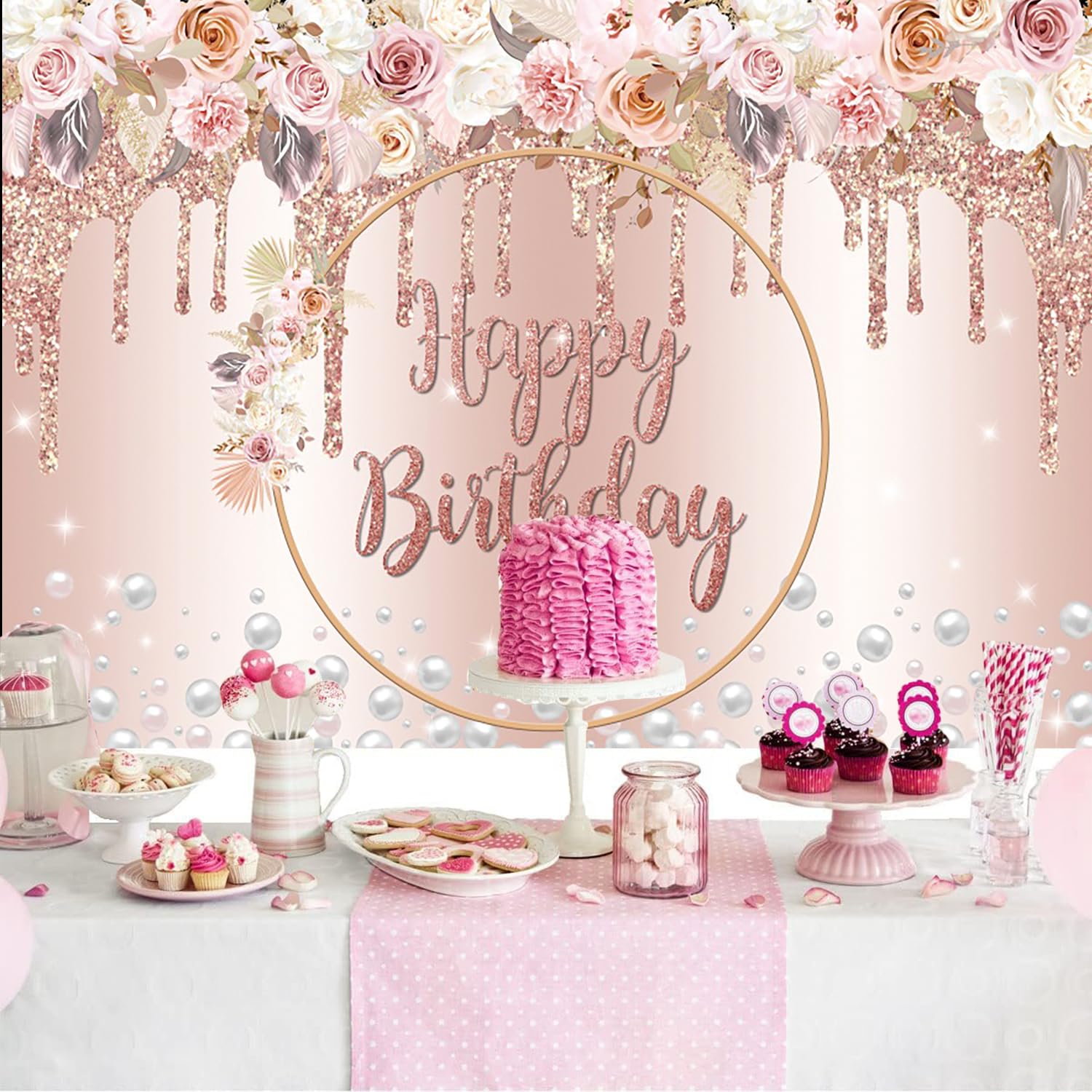 Sfondo Fotografico Vinile 2.2x1.5m Per Primo Compleanno – Arcobaleno E Palloncini Rosa, Per Cake Smash E Feste - 4