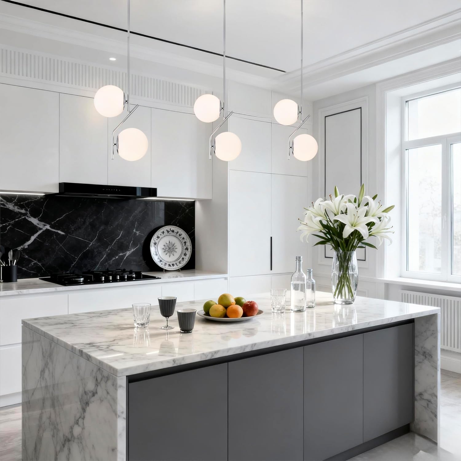 Mid Century Modern Pendant Light for Kitchen Island, 7.1 Inch Opal Glass Globe Hanging Light with Chrome Finish, Adjustable Height, E26 Base, Dining Room Ceiling Lighting