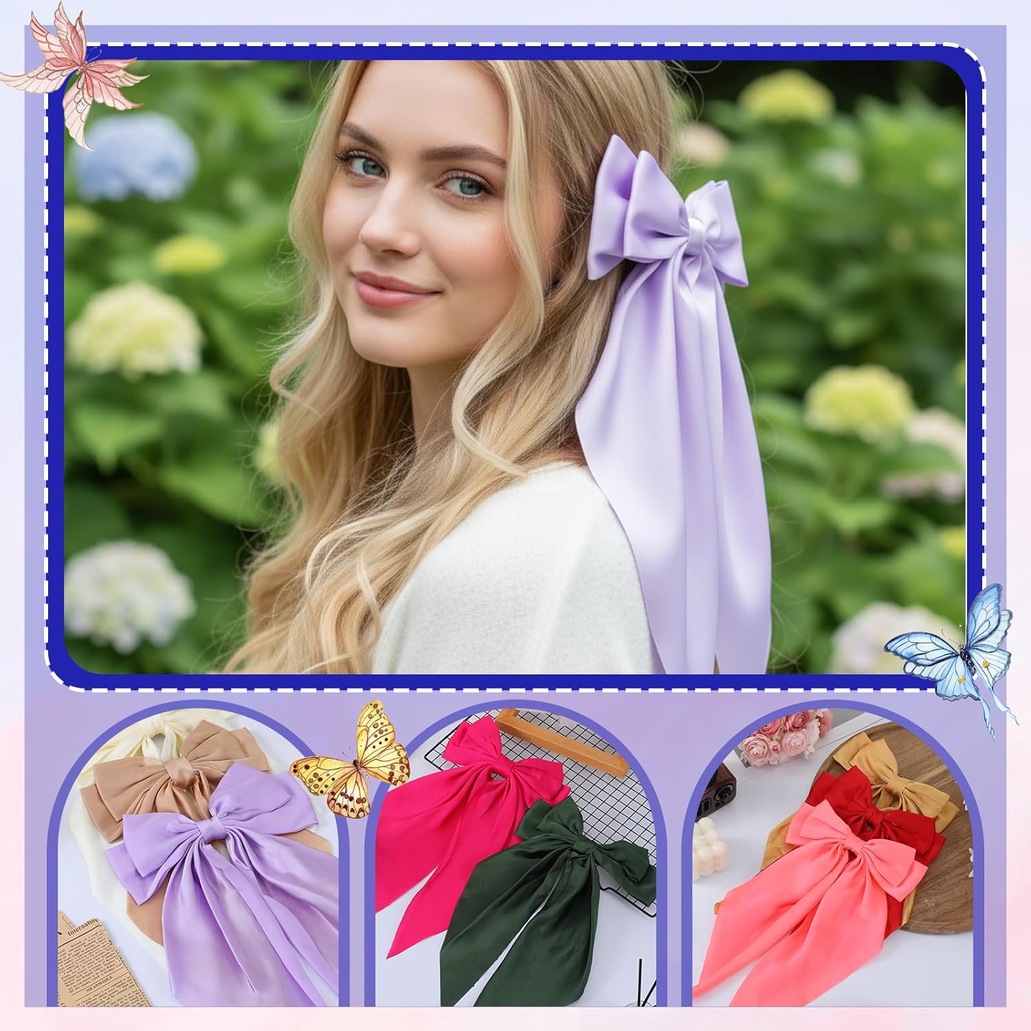 SHENLIU 24 Pack Oversized Satin Hair Bows for Women, Multi Colors Silky Big Bow Clips with Long Tail Ribbons, Large Knot Barrettes Hair Accessories for Girls Holiday Gifts - Image 4