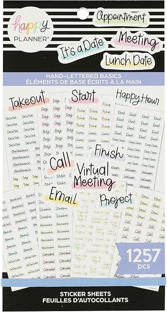 Happy Planner Sticker Pack for Calendars, Journals, and Diary Planners, Multicoloured Scrapbook Accessories, Hand-Lettered Basics Theme, Classic Size, 30 Sheets, 1,257 Total Stickers