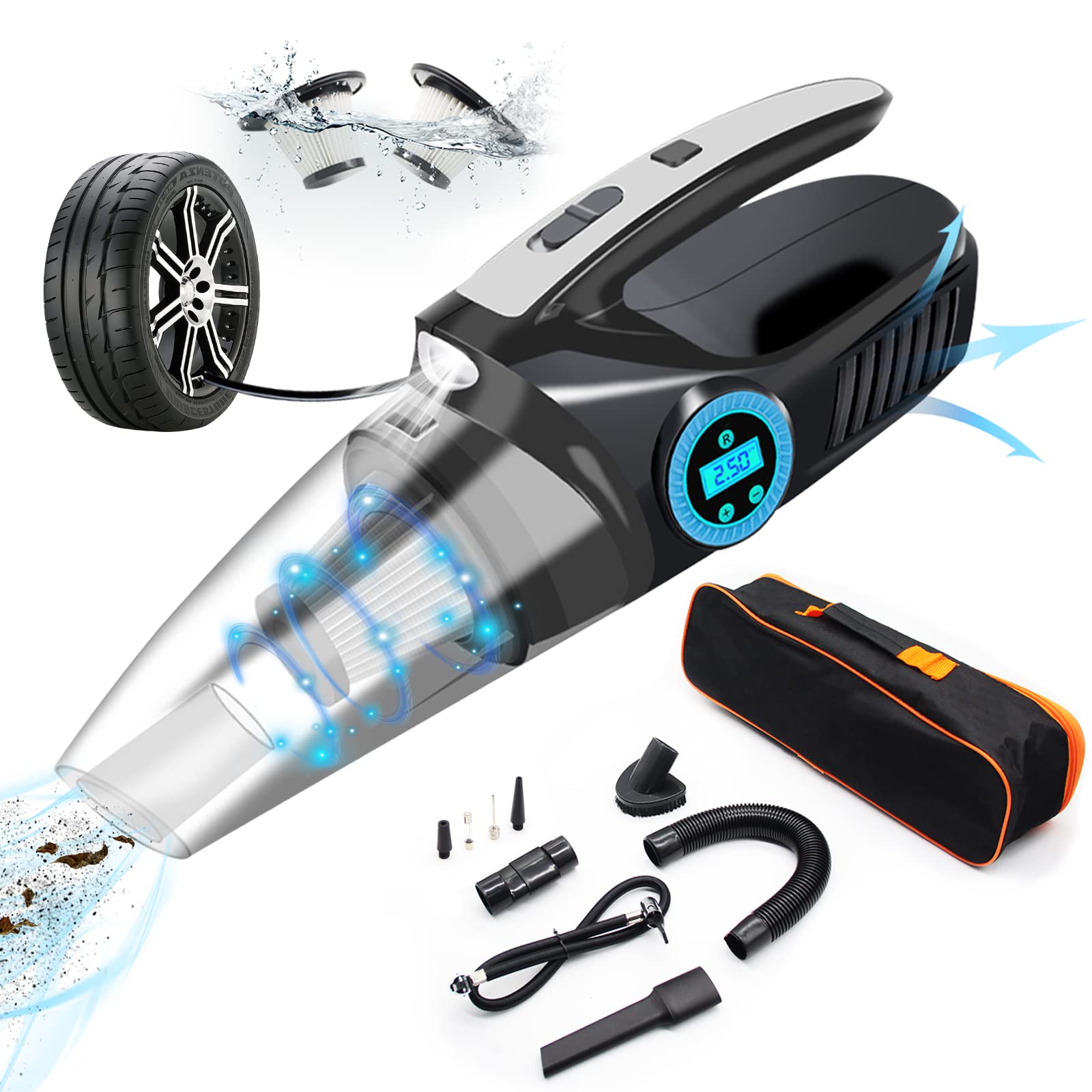 Teppdfann Car Vacuum, 4-in-1 Car Vacuum Cleaner with Tire Inflator, Handheld Car Vacuum with Digital Tire Pressure Gauge LCD Display and LED Light, 12V DC 120W Dry/Wet Portable Vacuum Cleaner