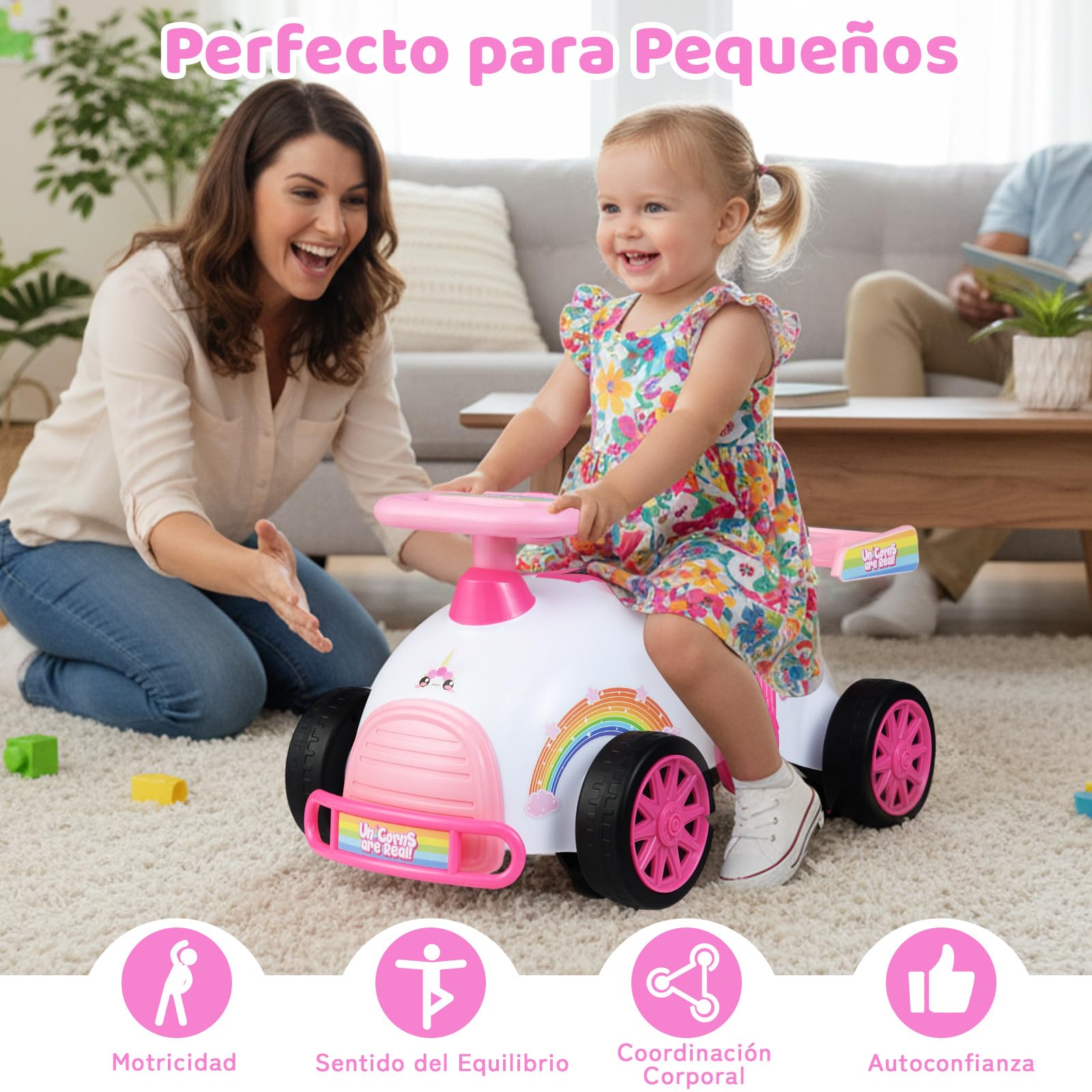 COSTWAY Coche de Correpasillos para Niños, Coche Deslizante de Pie a Suelo con Música y Almacenaje Bajo Asiento, Cochecito Infantil con Ruedas Universales para Niños de 19 a 36 Meses (Unicornio)