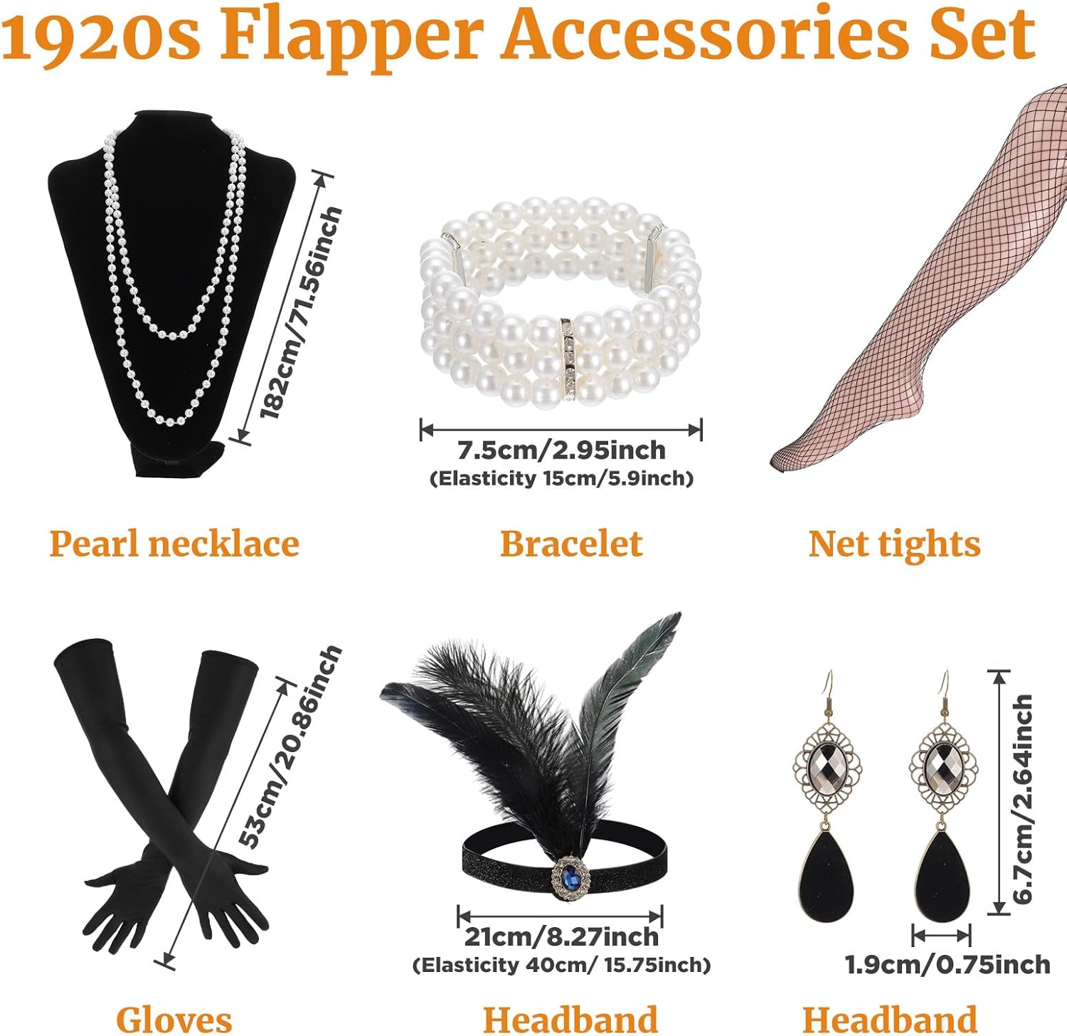 10 Pieces 1920s Flapper Gatsby Accessories Set Fashion Roaring 20's Theme Set with Headband Headpiece for Women Black - Image 2