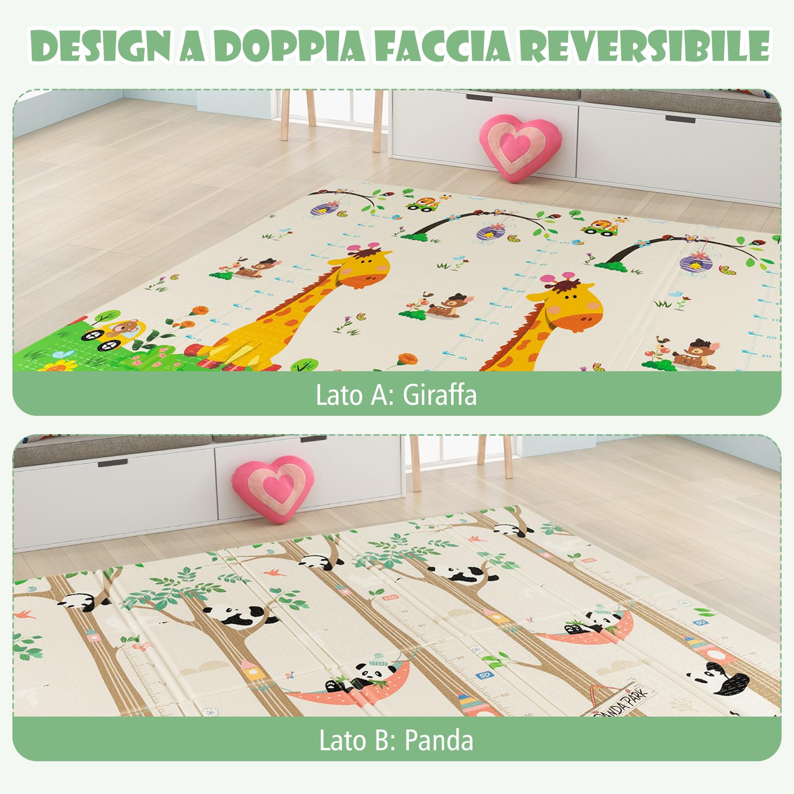 COSTWAY Tappeto Gioco per Bambini Pieghevole, Tappeto per Pavimento Grande da 200 x 180 cm con Borsa da Trasporto per Interni ed Esterni, Tappeto Impermeabile e Reversibile per Bambini, Neonati