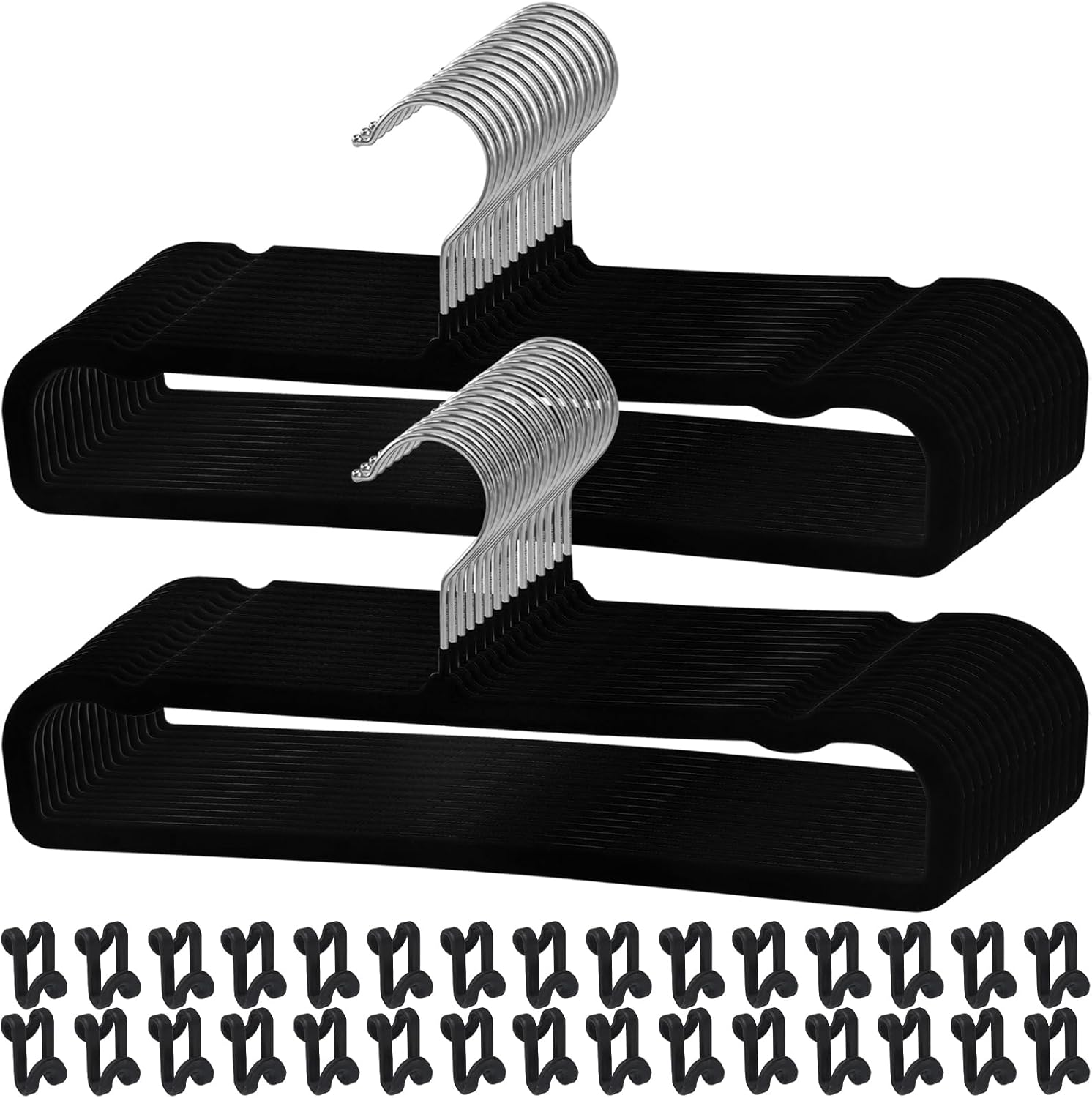 Pants Hangers Non Slip, 30 Pack Velvet Hanger for Closet with 30 Hooks, Strong Durable Space Saving Slim Pants Hanger, Ultra Thin & Space Saving Flocked Hangers for Pants/Shirts/Shorts/Bra (Black)