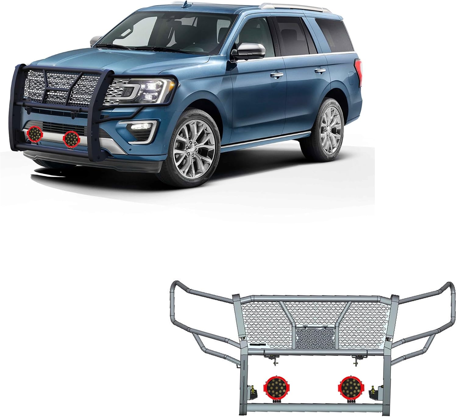 Black Horse Rugged Heavy Duty Grille Brush Bumper Guard Modular Black Come with Pair of 7.0" Dia.LED Lights with Red Trim Rings Compatible with 2018-2024 Ford Expedition-RU-FOEX18-B-PLR