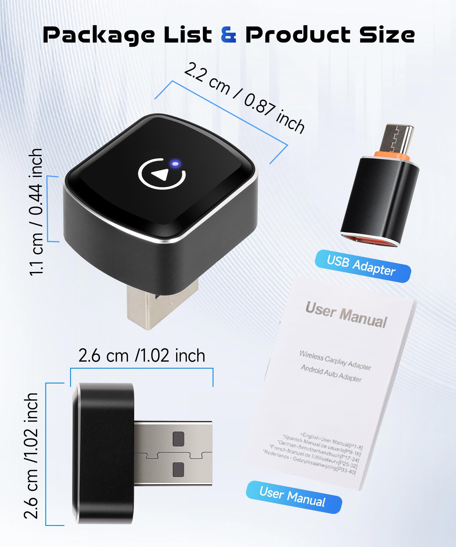 2 en 1 Sans fil Carplay Adapter & sans fil Android Auto Adapter, Convertir Wired Android Auto/Car Play en Wireless pour Les Voitures avec Wired CarPlay, Car Play Adaptateur USB/Type-C Plug & Play
