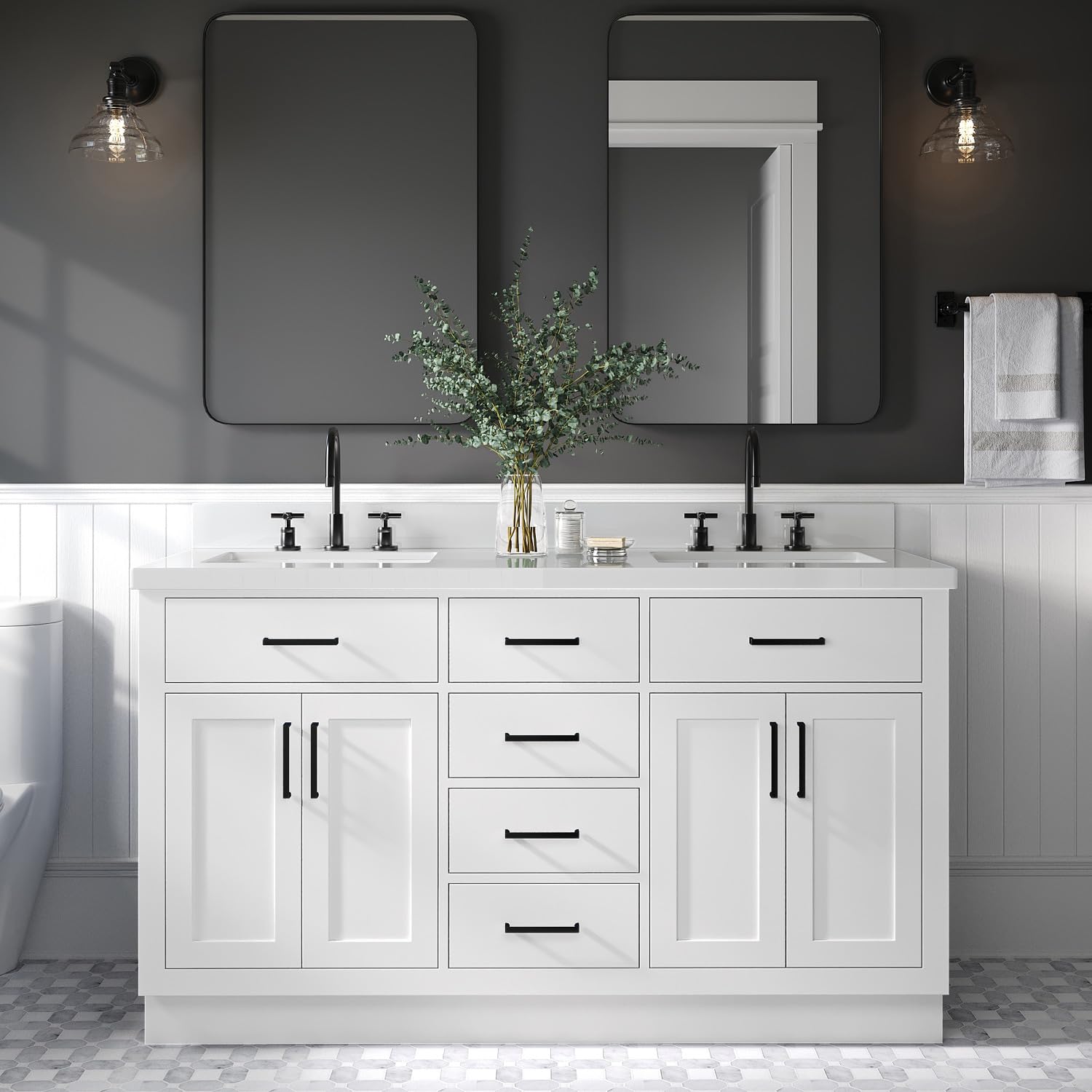 Amazon.com: ARIEL 61" White Double Bathroom Vanity with Sink, 1.5" Edge ...