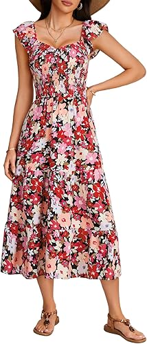 Rooscier Women's Summer Boho Floral Midi Dress Flowy Ruffle Cap Sleeve Wedding G