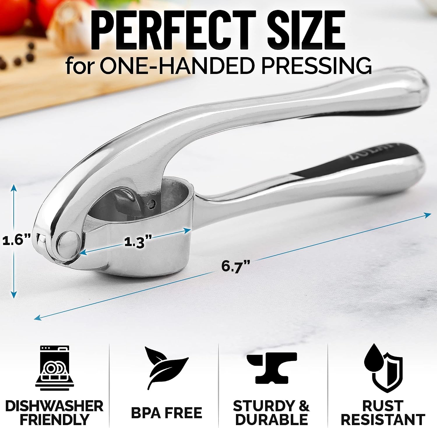 Zulay Kitchen Garlic Press With Soft, Easy To Squeeze Ergonomic Handle - Garlic Mincer Tool With Sturdy Design Extracts More Garlic Paste - Easy To Clean Garlic Crusher And Ginger Press (Chrome)