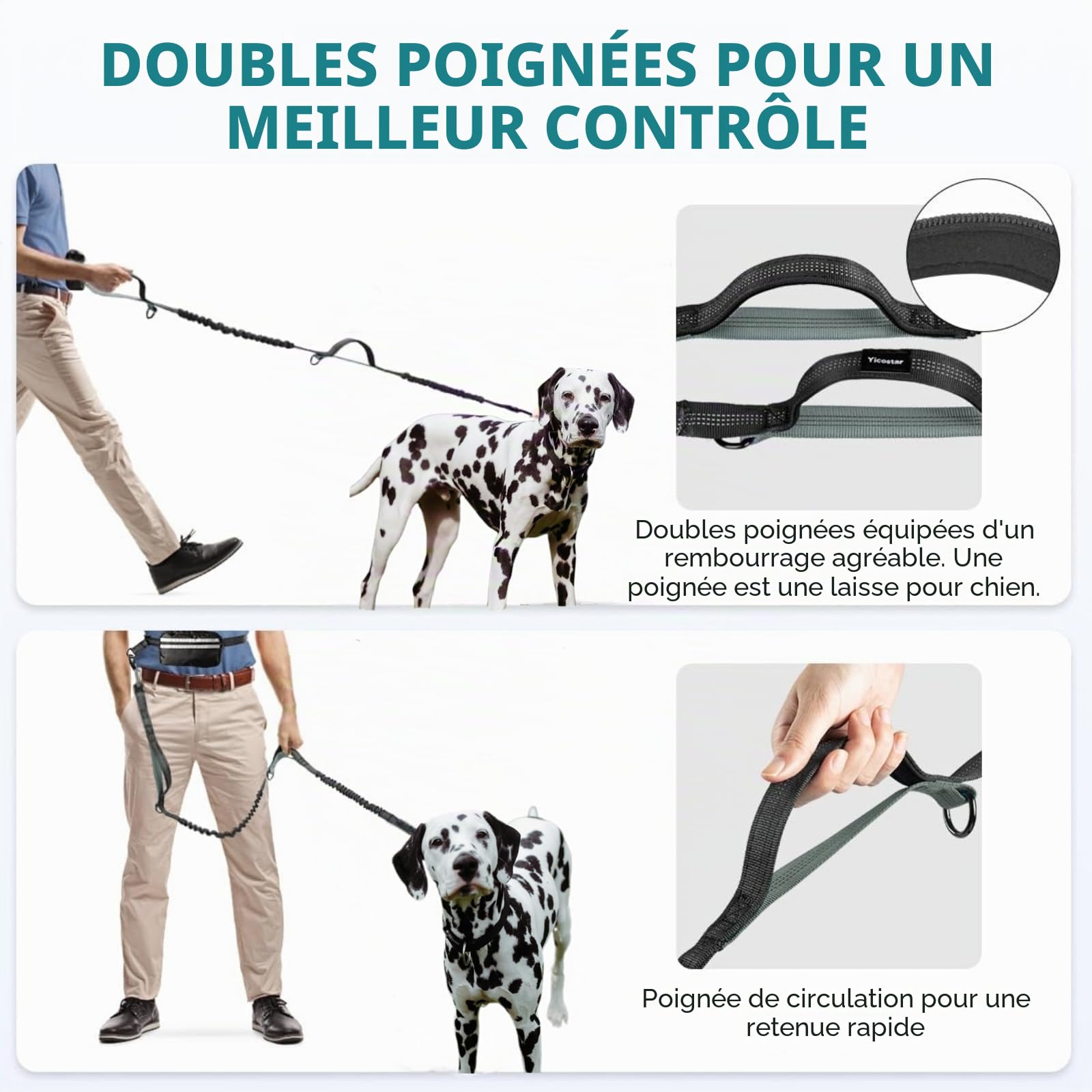 Laisse Mains Libres pour Chien avec Pochette, Double pour Deux Chiens, Laisse rétractable avec Double poignées rembourrées, montée à la Taille pour la Course, la Marche, Le Jogging (Noir/Gris)