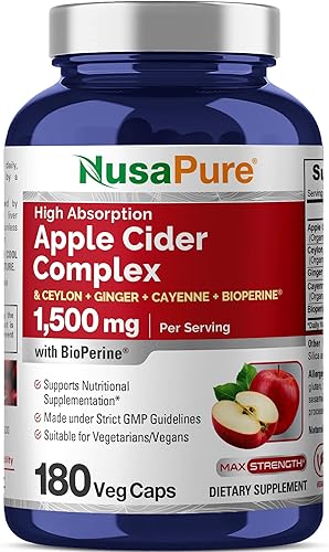 NusaPure Complejo de vinagre de sidra de manzana 1500 mg 180 cápsulas vegetales adecuadas para vegetarianos y veganos, sin OMG