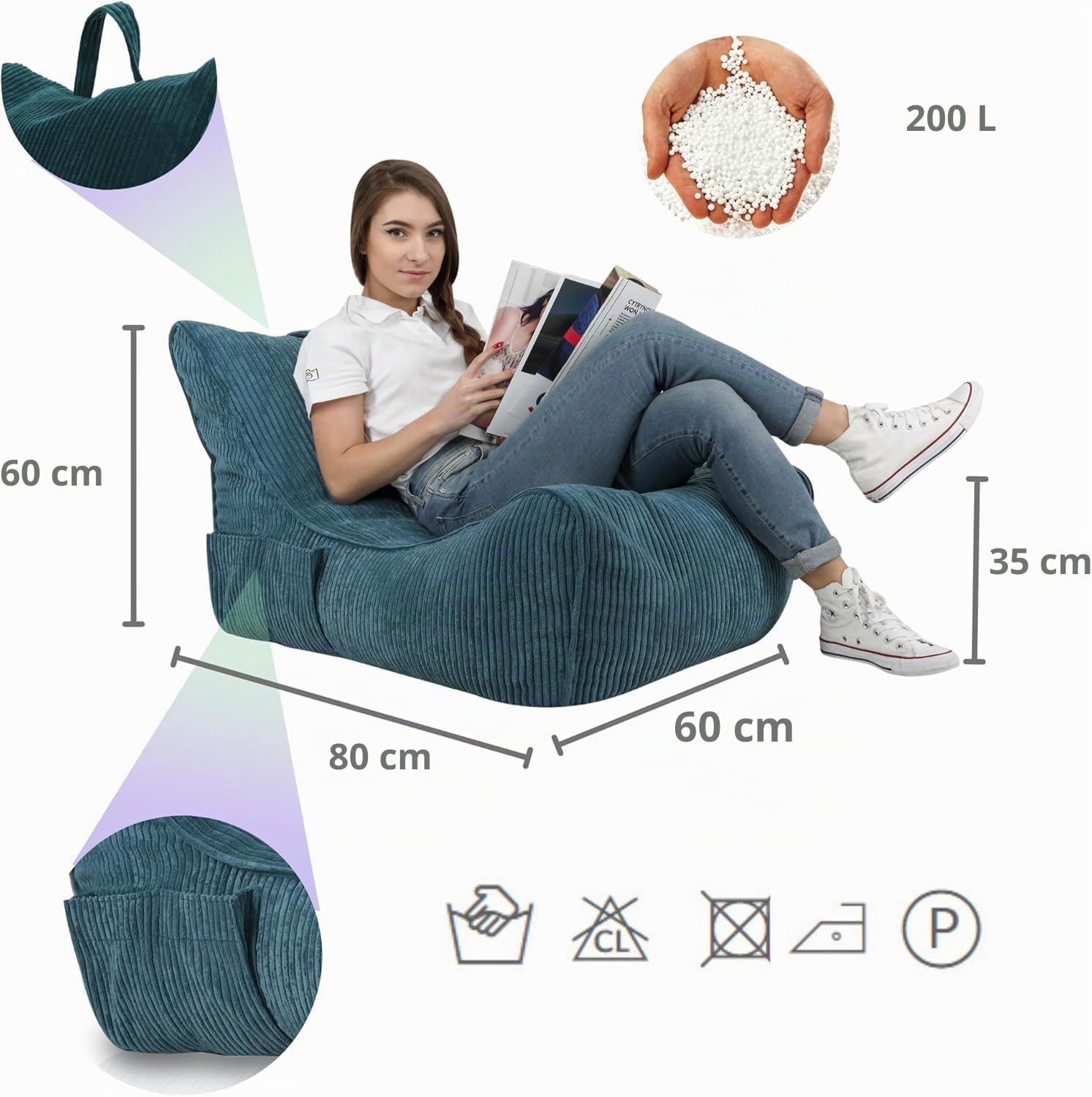 Ecopuf Sitzsack Cord - Sitzsäcke - Bean Bag - Sitzsack mit Füllung zum Kinderzimmer und zum Wohnzimmer