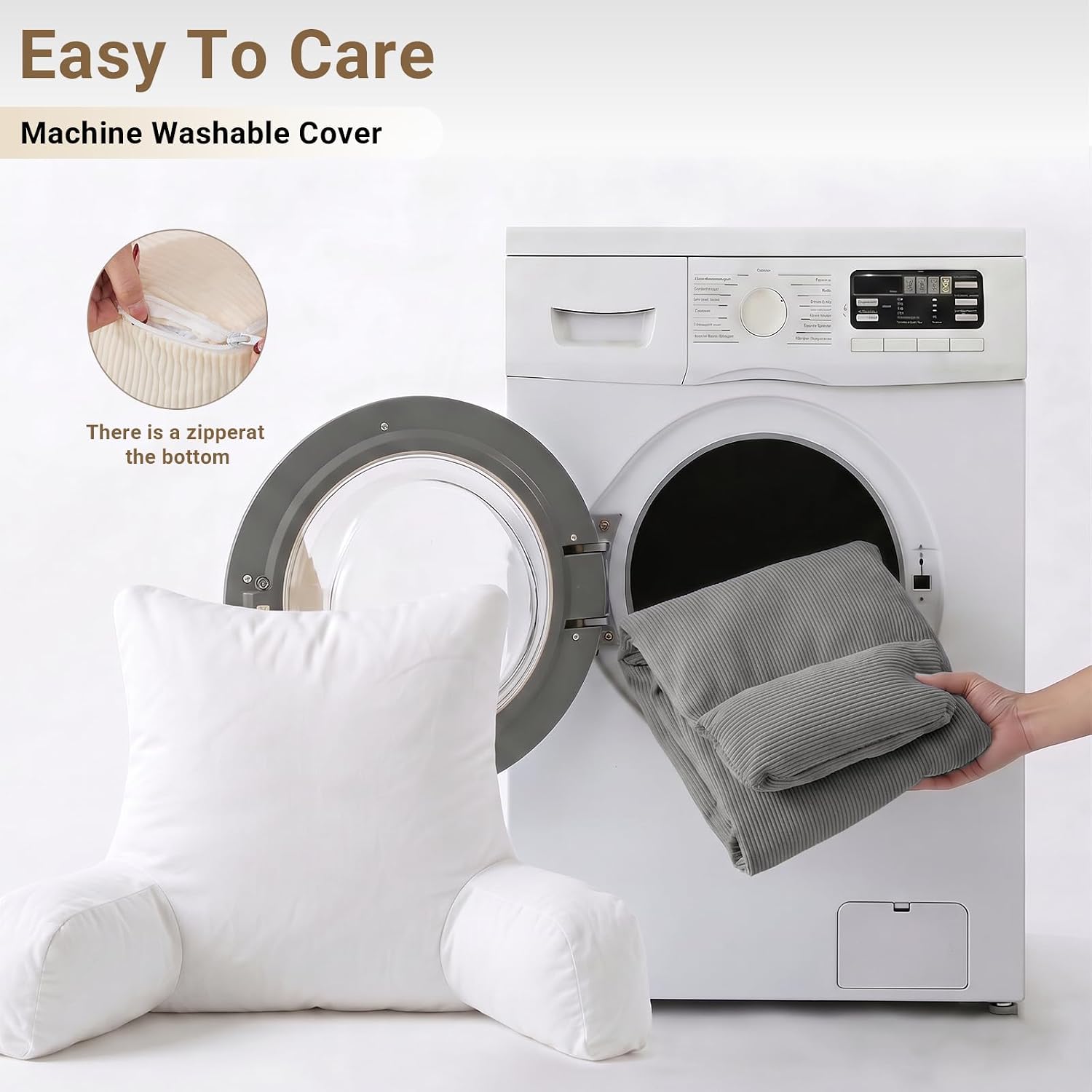 Reading Pillow for Bed with Detachable Neck Roll and Shredded Memory Foam, Back Pillow with Arms for Sitting Up, Washable Bed Rest Pillow with Side Pocket for Gaming, Sofa, Dorm - Dark Gray