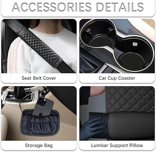 Miniatura 5 de Juego de fundas de cuero para asiento delantero de automóvil, cojín universal sin laterales para vehículo con almohada de soporte lumbar, bolsillo