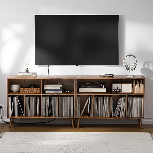 Vista 6 de Cozy Castle - Soporte para tocadiscos con gabinete de almacenamiento para vinilos, mesa de tocadiscos de madera con estante abierto, organizador