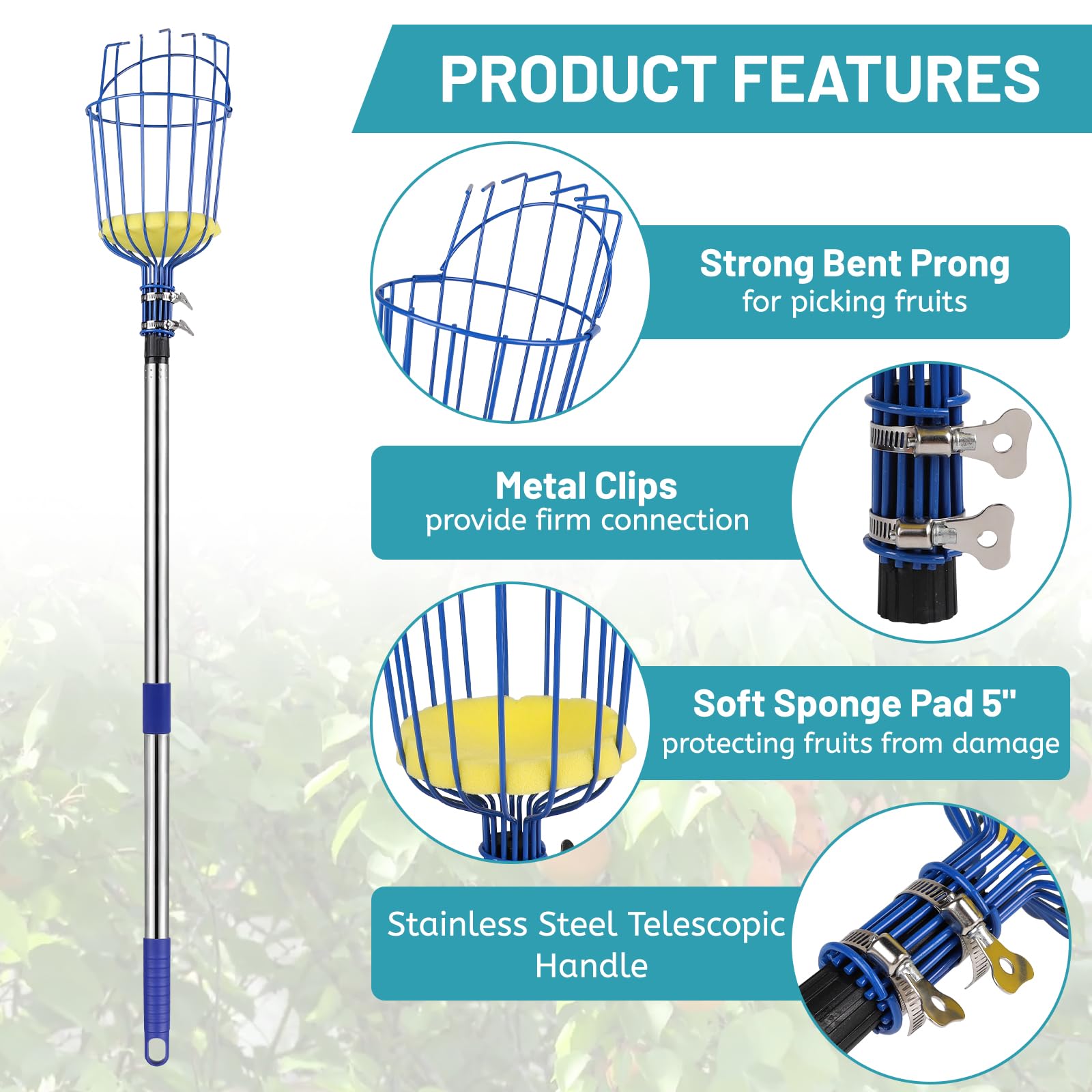 DBREAKS 4,2 m Recogedor de Frutas, Recogedor de Manzanas con Barra telescópica de Aluminio Ligero, Recogedor de Frutas con Cojín, Fácil de Montar, Diámetro de 16cm