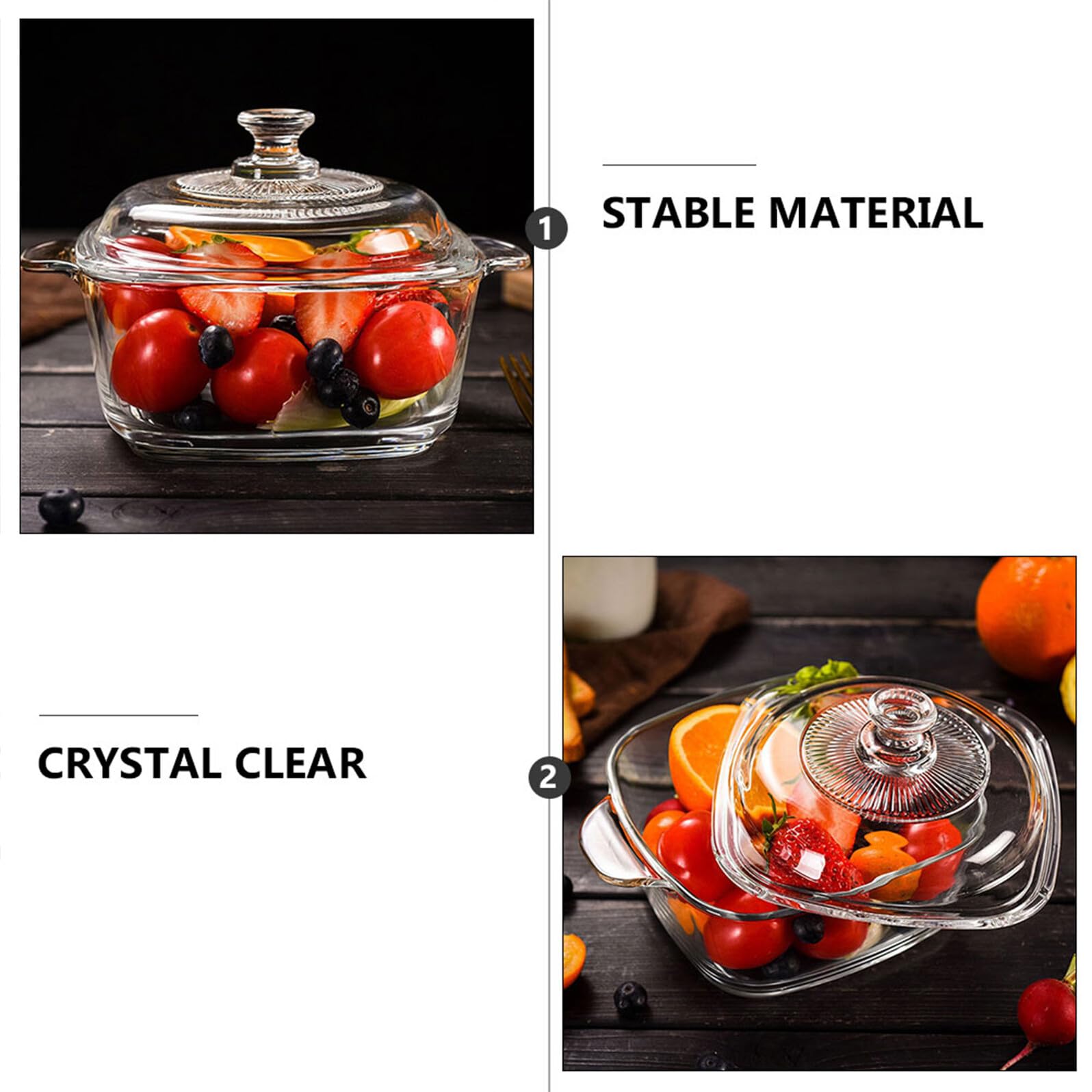 SEWACC Mikrowellengeeignete Glasschale mit Deckel 1L Rechteckige Salatschüssel aus Lebensmittelechtem Glas mit 2 Griffen Vielseitige Suppenschale für Küche und Restaurant
