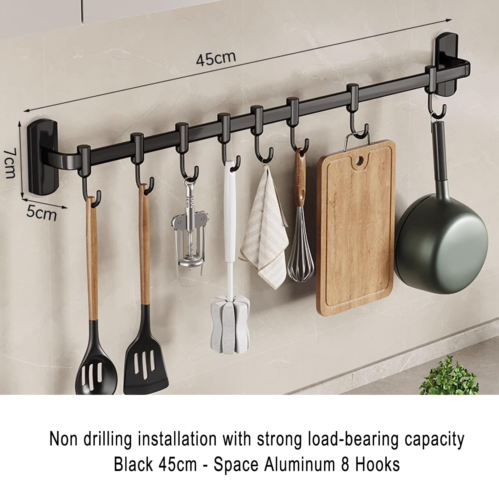 HYPIQQ Kitchen Utensil Rail with Hooks, Wall Utensil Rack, Clothes Hooks for Walls Black, 45cm - Image 2