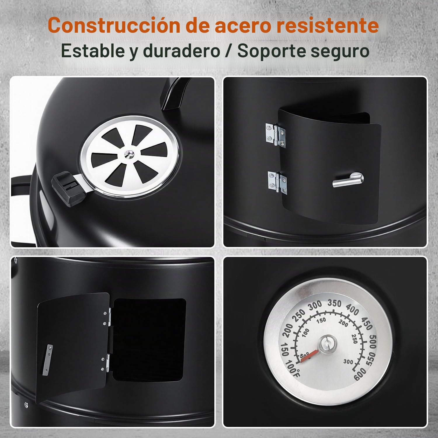 3 en 1 Horno de ahumado con termómetro, barril de humo con 2 puertas, 2 niveles y escotilla de ventilación ajustable, barbacoa compacta para jardín, balcón y camping