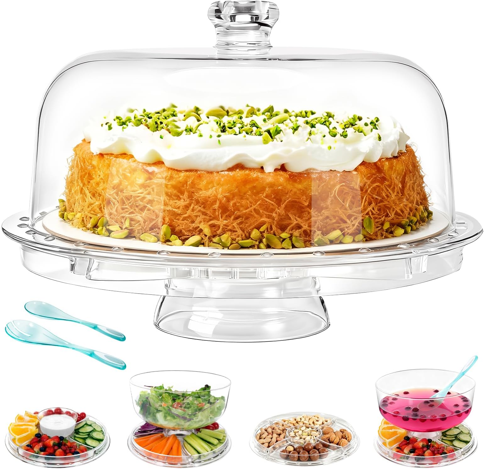 Masthome Cake Stand with Acrylic Dome,6 in 1 Multi-Functional Cake Display with 2PCS Spoons,12 in Round Dessert Display Stand, Salad Bowl, Chip Dip Server for Weddings, Parties, Birthday