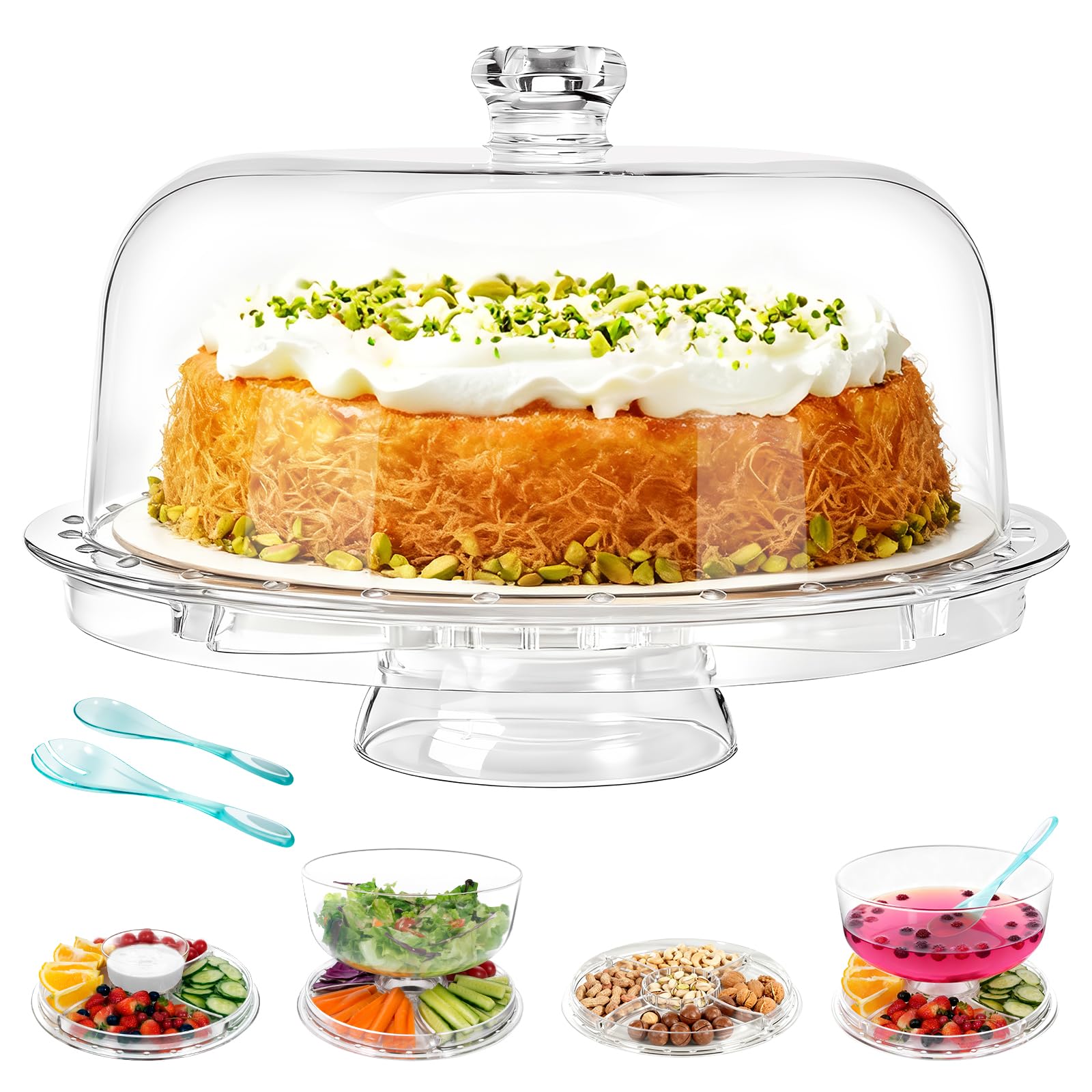 Masthome Cake Stand with Acrylic Dome,6 in 1 Multi-Functional Cake Display with 2PCS Spoons,12 in Round Dessert Display Stand, Salad Bowl, Chip Dip Server for Weddings, Parties, Birthday