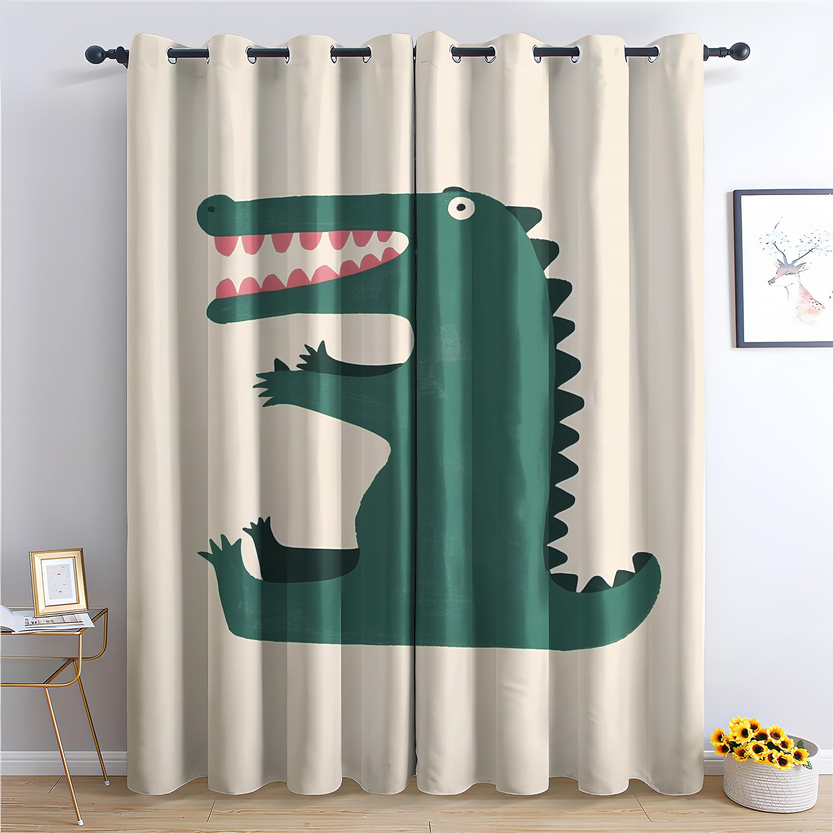 Luxfieo Crocodile Blackout Curtains for Living Room Bedroom - 90 Inch Drop Curtains 90x90, Kids Boys Girls Cartoon Animal Patterned Window Treatments, Thermal Eyelet Drapes 2 Panels T#340