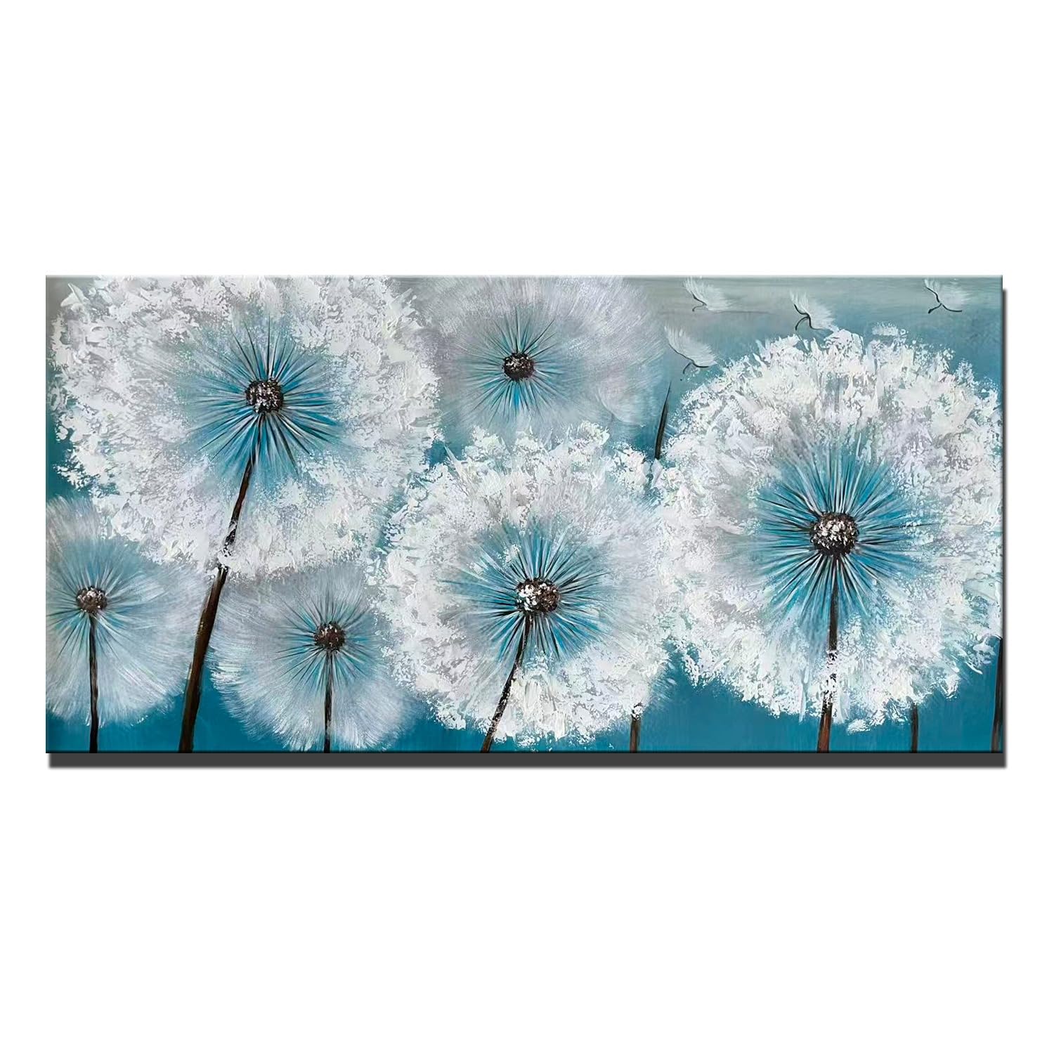 rtSee Handgemaltes Pusteblumen Leinwandbild 60 × 120 cm – Moderne strukturierte Acryl-Wandkunst in Weiß & Türkis