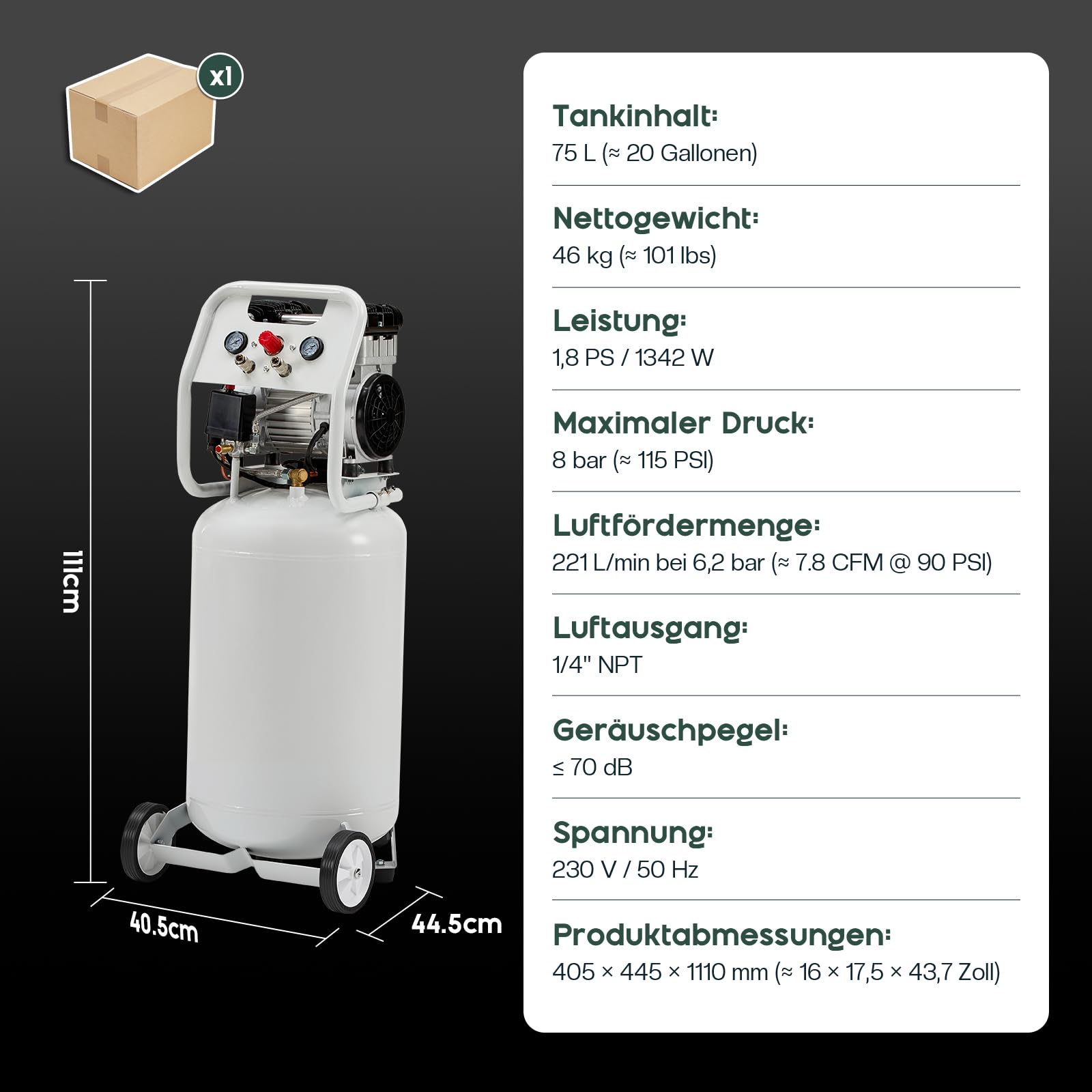 LUXOAK Vertikaler Luftkompressor 75L, 8 Bar 1340W / 1.8 PS, Ölfreier Doppelzylinder Flüsterkompressor mit Rädern – Leise & mobil für Werkstatt und Garage