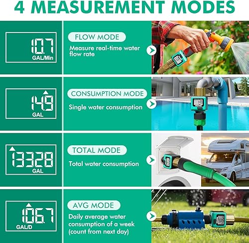 Miniatura 3 de RESTMO Medidor de flujo de agua con rosca de metal de entrada de latón, mide el consumo de galónlitro y tasa de flujo para riego de manguera de