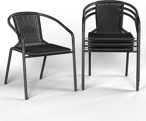 Amopatio Juego de 4 sillas de comedor al aire libre, sillas apilables para patio, sillas de mimbre de ratán, juego de 4, bistró, jardín, patio, Negro